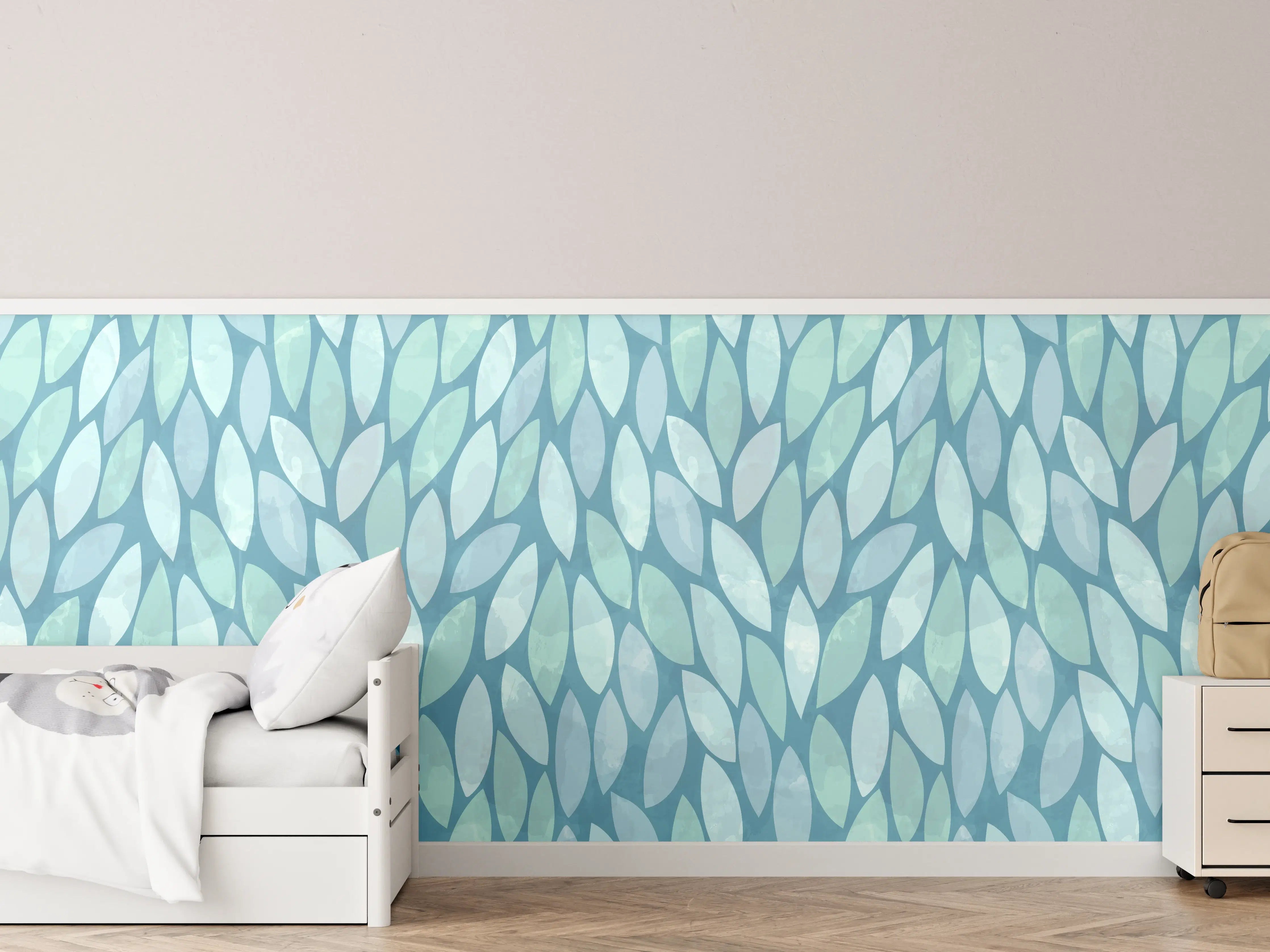 Kinderzimmer Wandgestaltung - Weiße und blaue Mosaik-Textur mit stilisierten Blättern