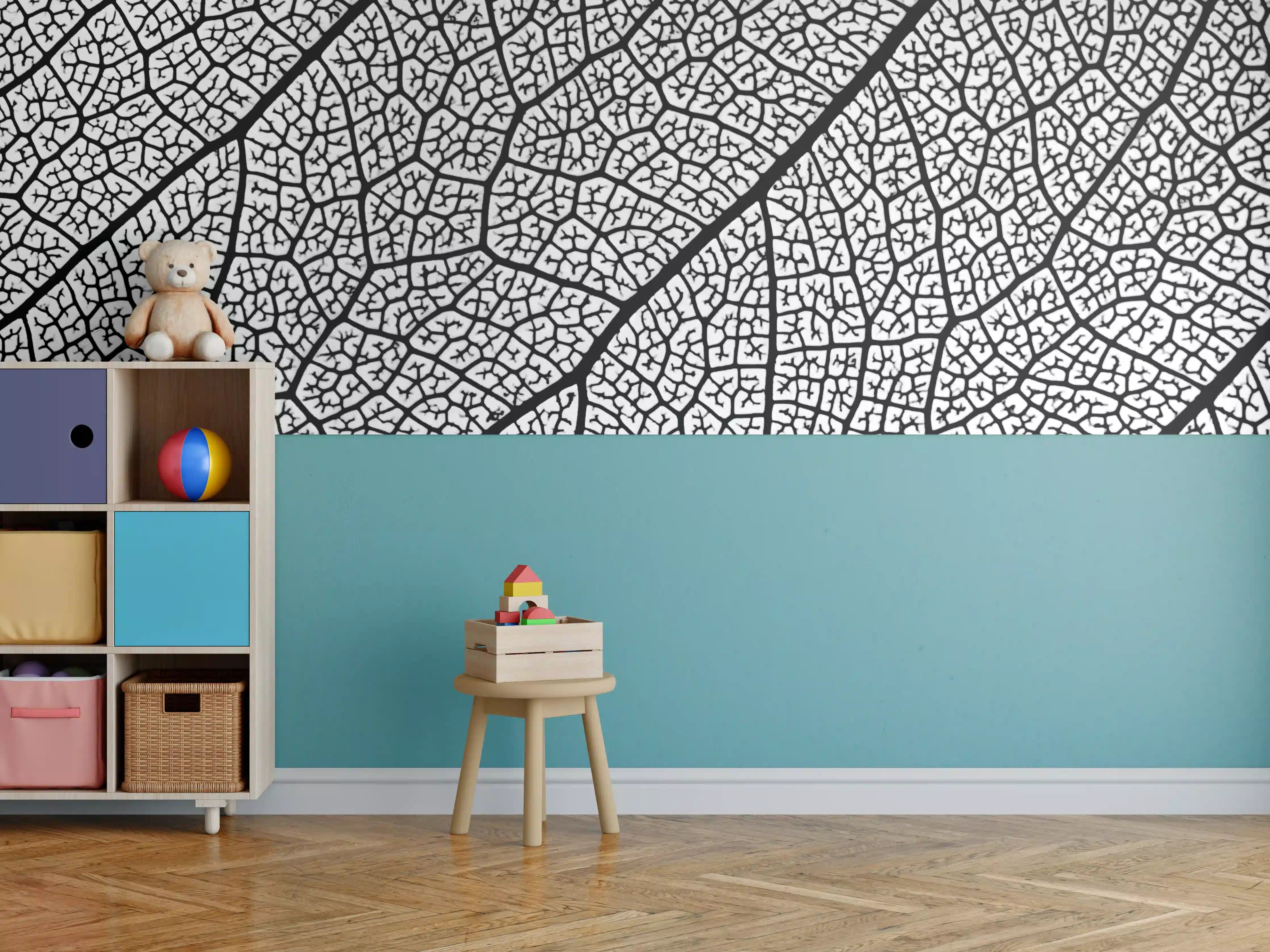 Kinderzimmer Wandgestaltung - Weiße und schwarze Blattstruktur mit feinen Linien