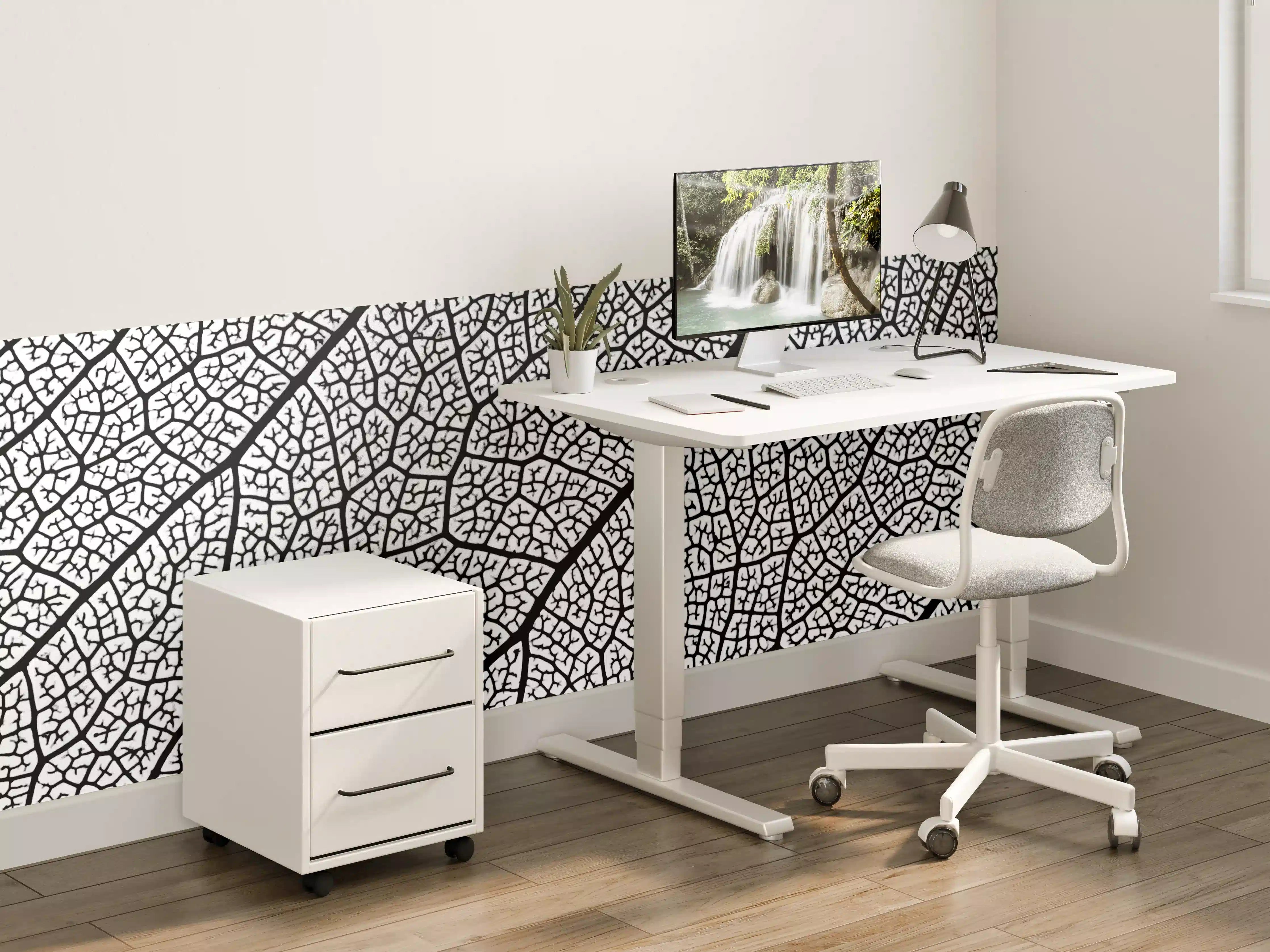 Kinderzimmer Wandgestaltung - Weiße und schwarze Blattstruktur mit feinen Linien