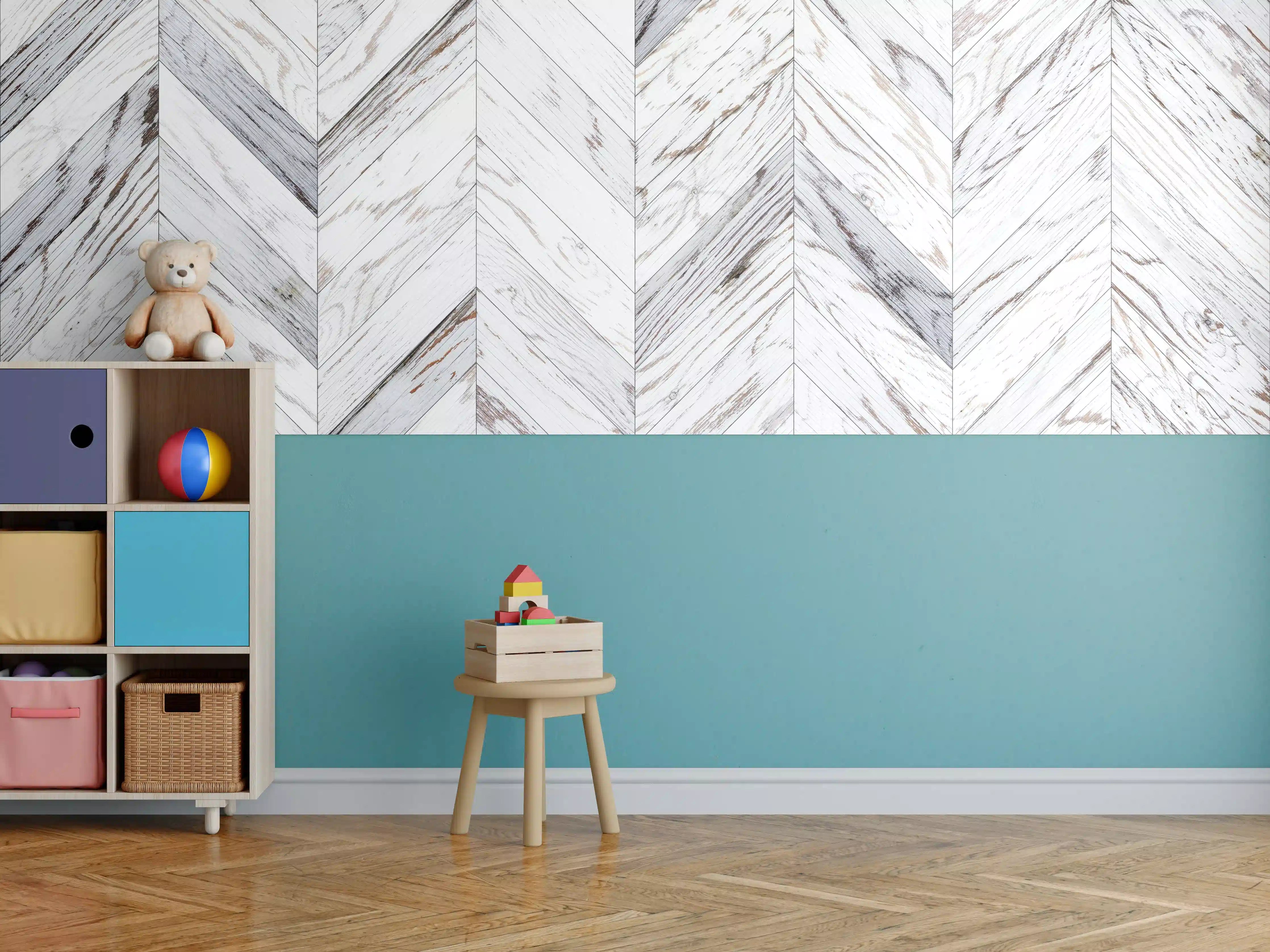 Kinderzimmer Wandgestaltung - Weißer Chevron - Holzoptik