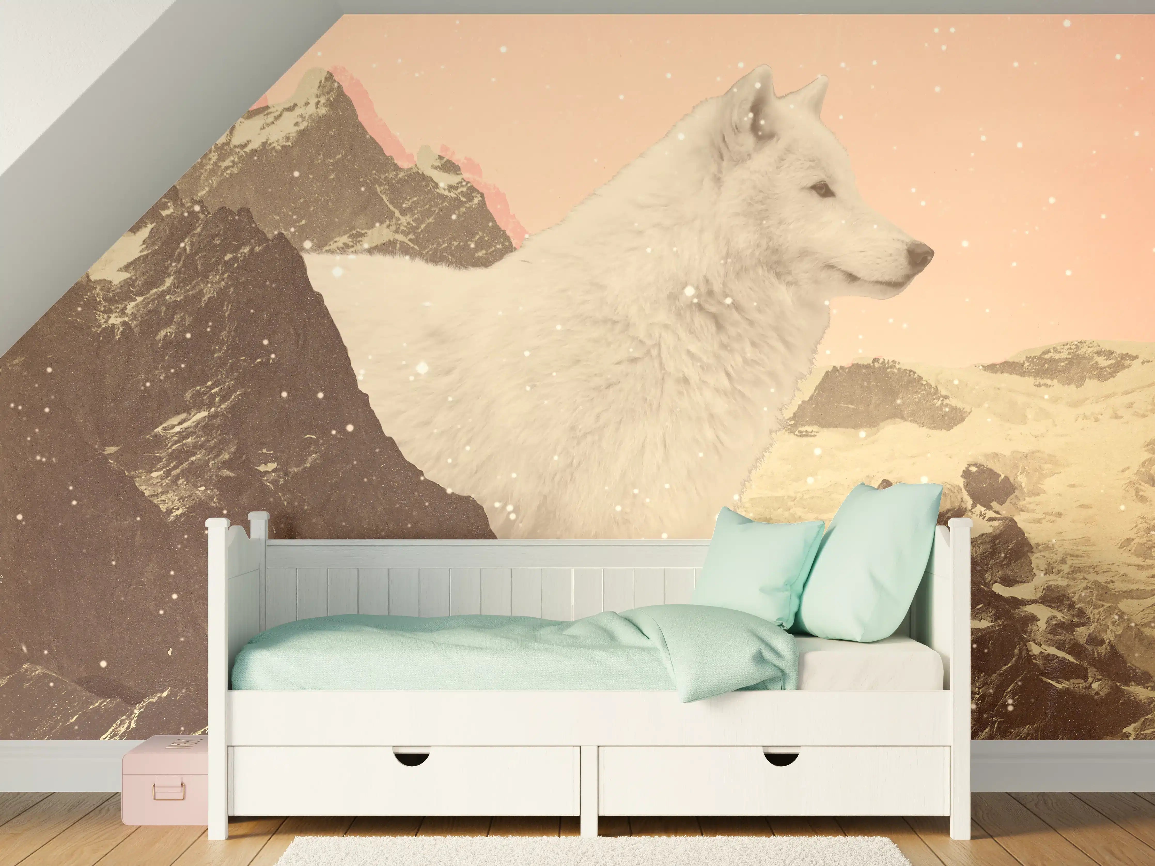 Kinderzimmer Wandgestaltung - Weißer Wolf Berglandschaft Nacht