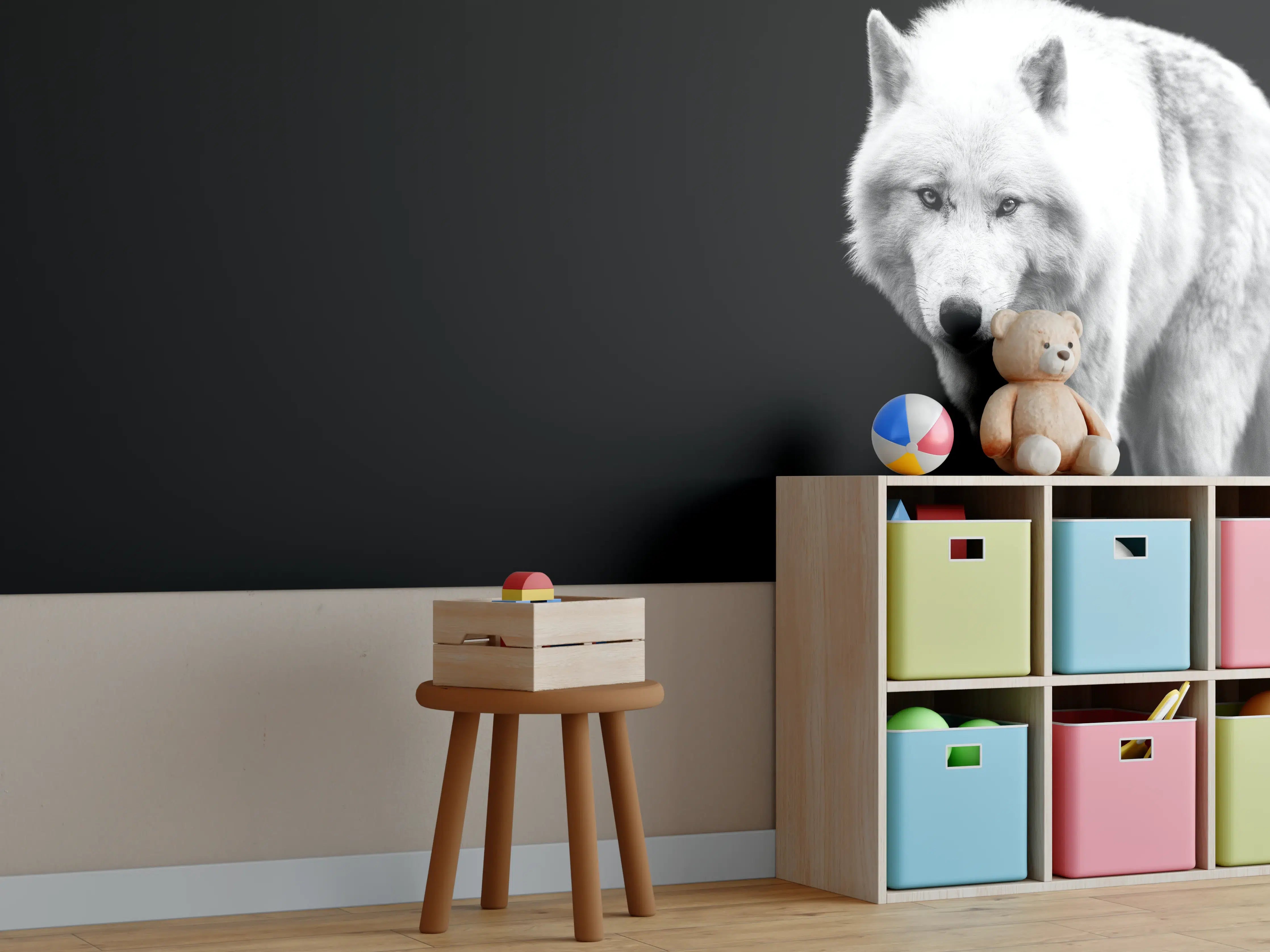Kinderzimmer Wandgestaltung - Weißer Wolf mit schwarzem Hintergrund