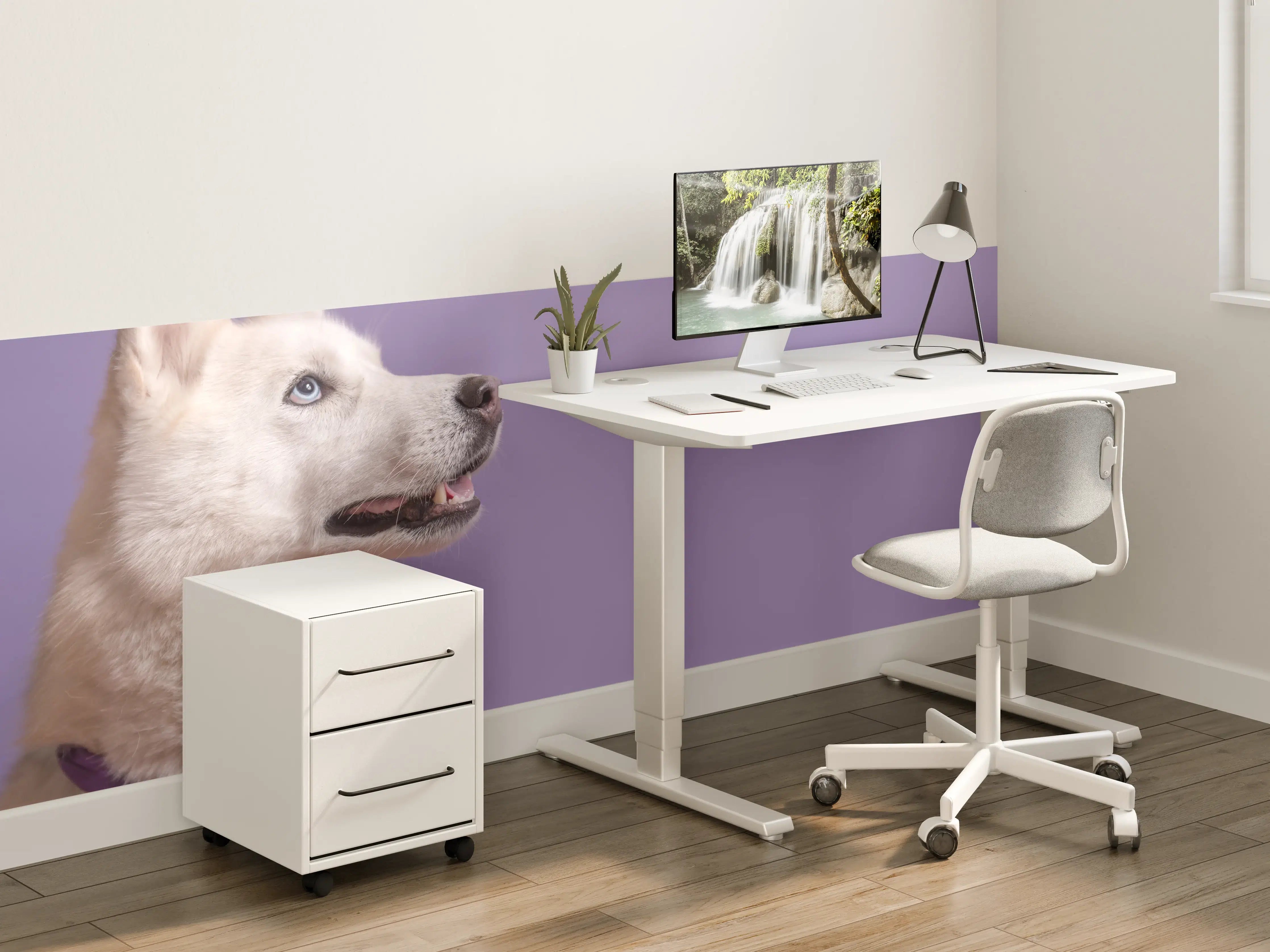 Kinderzimmer Wandgestaltung - Weißer sibirischer Husky Hund mit violetter Fliege