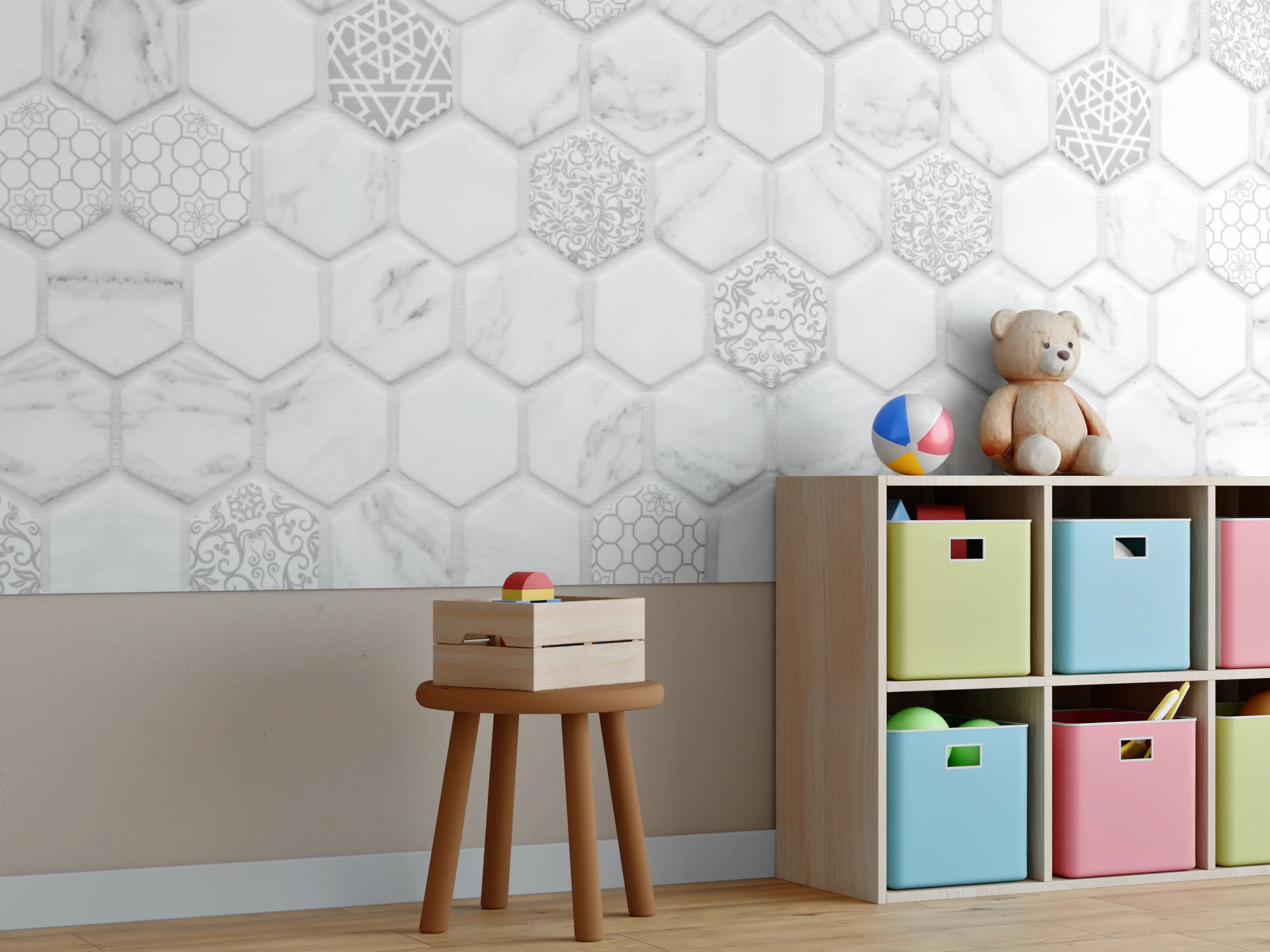 Kinderzimmer Wandgestaltung - Weißes Hexagon-Marmor-Mosaik