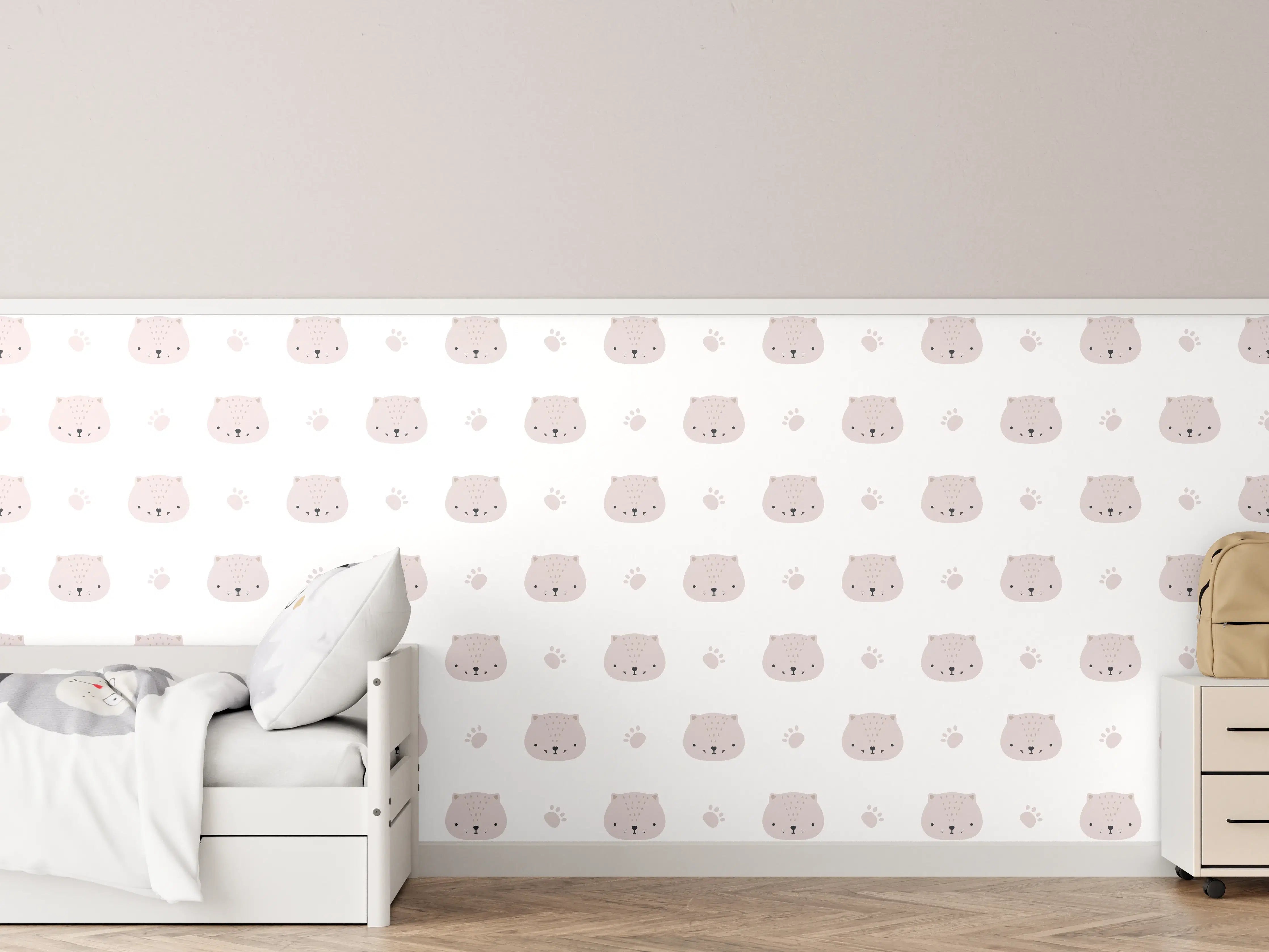 Kinderzimmer Wandgestaltung - Weißes Hintergrundmuster mit kleinen Katzenmotiven