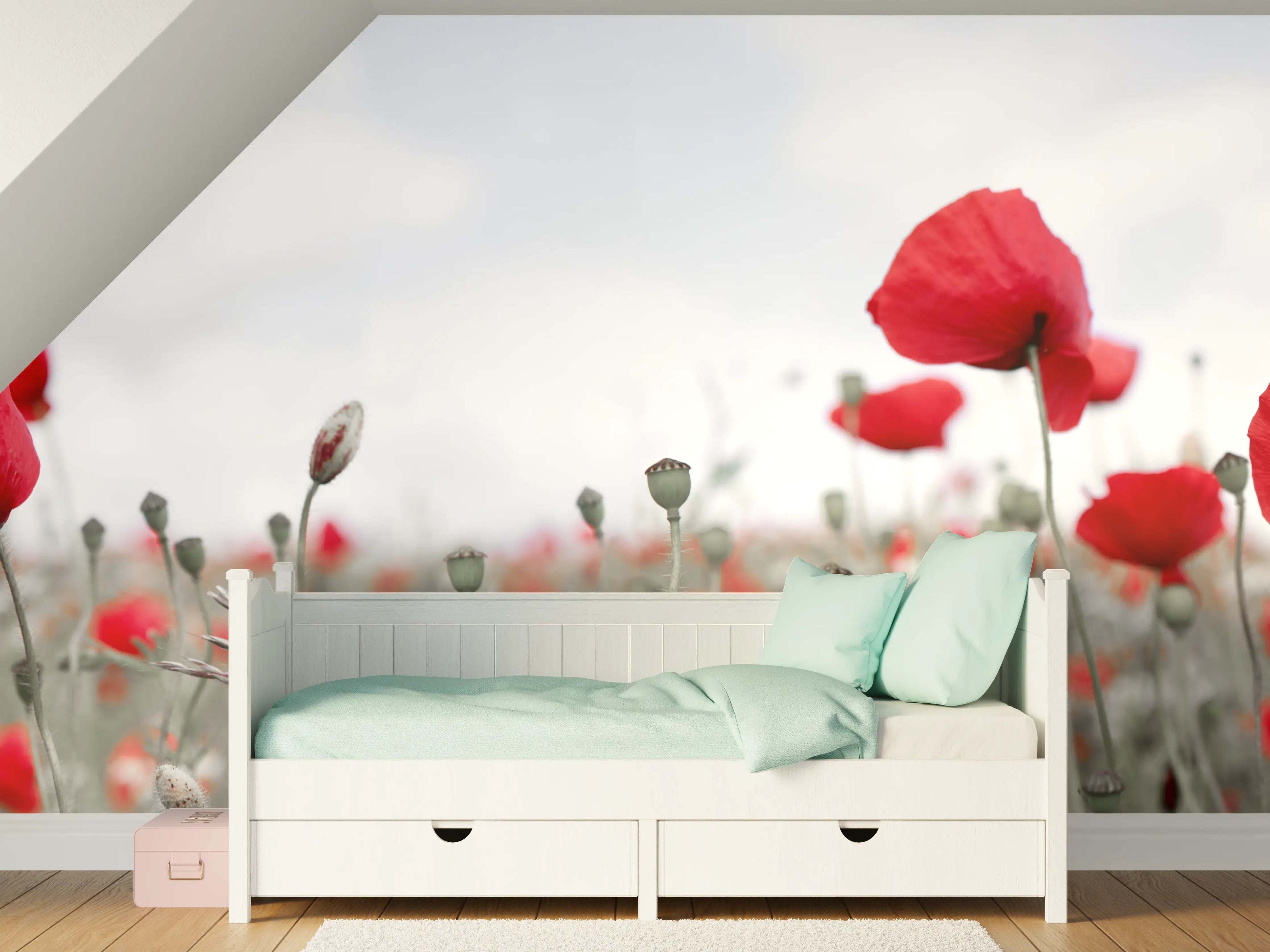 Kinderzimmer Wandgestaltung - Weites rotes Mohnfeld Panorama