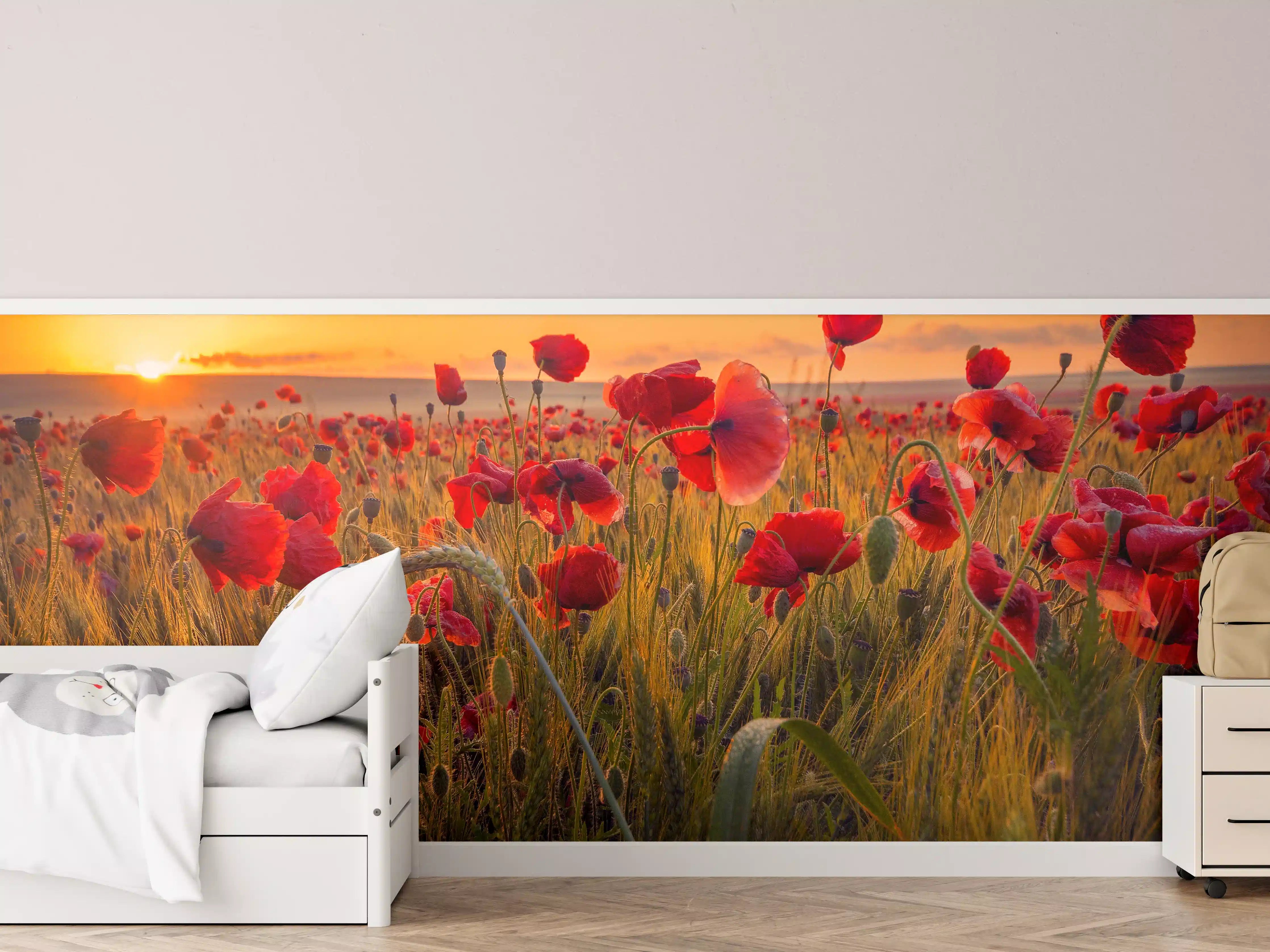 Kinderzimmer Wandgestaltung - Weizenfeld mit Mohnblumen bei Sonnenuntergang