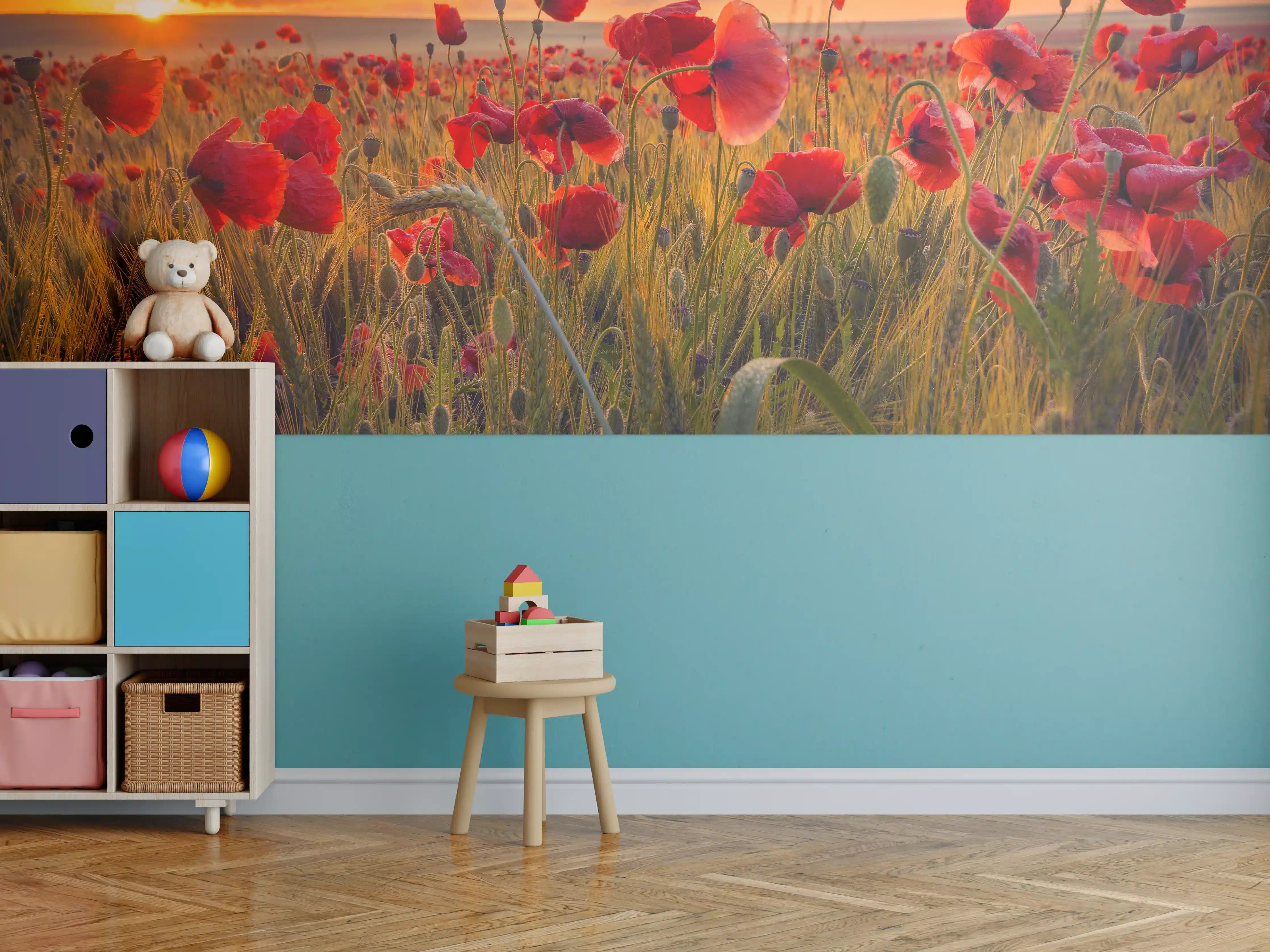 Kinderzimmer Wandgestaltung - Weizenfeld mit Mohnblumen bei Sonnenuntergang