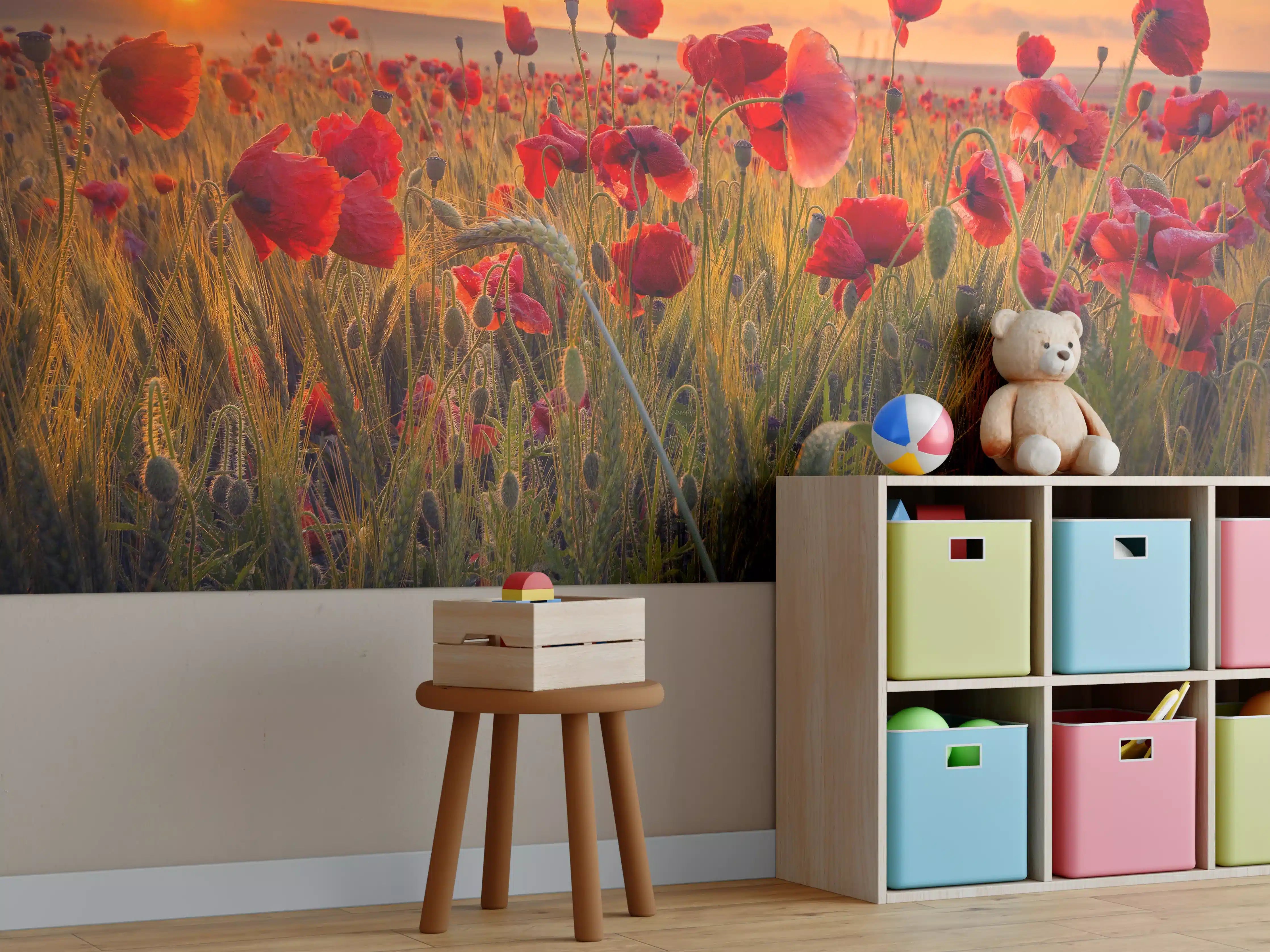 Kinderzimmer Wandgestaltung - Weizenfeld mit Mohnblumen bei Sonnenuntergang