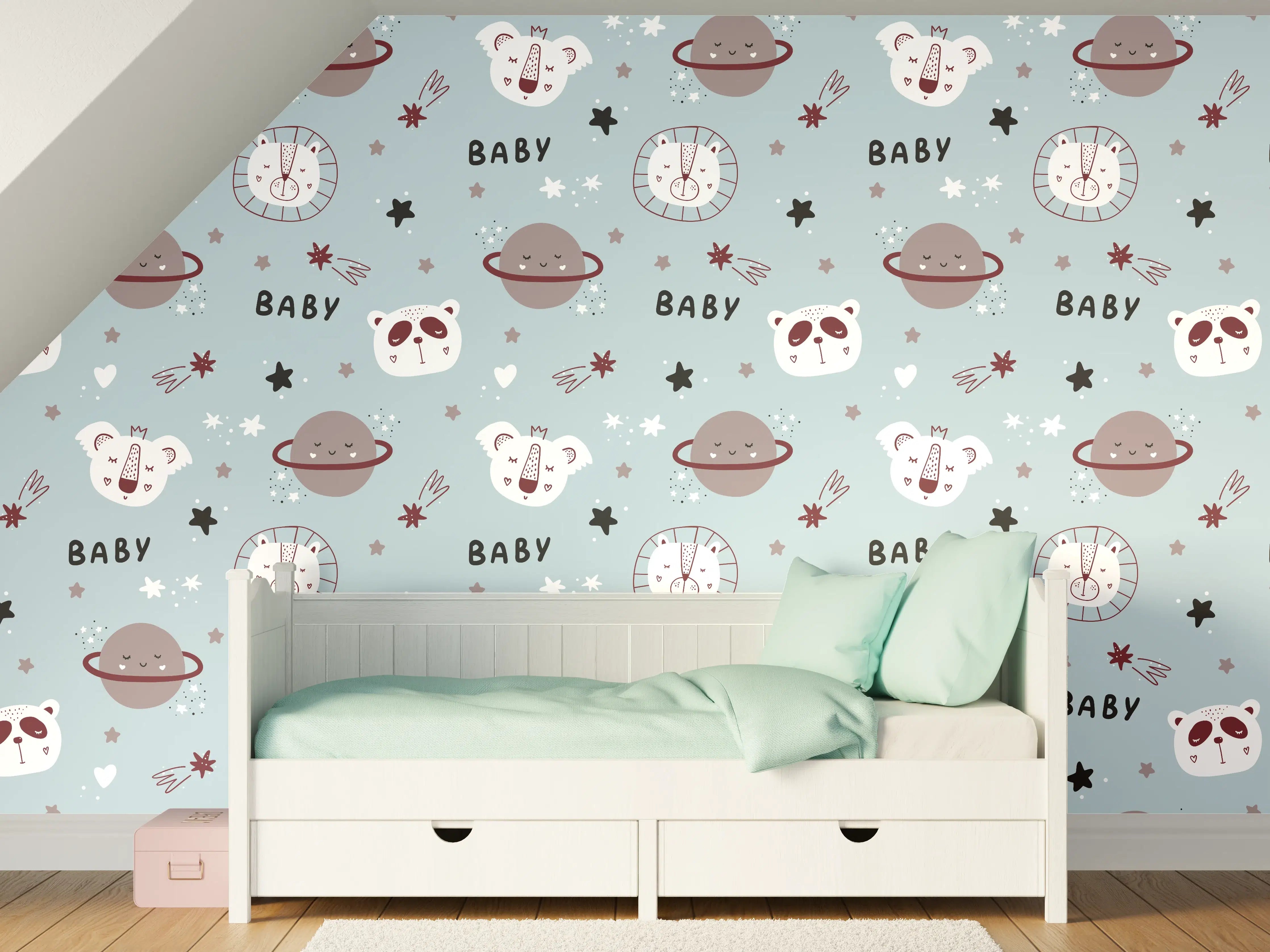 Kinderzimmer Wandgestaltung - Weltall mit Himmelskörpern in Blau und Grau