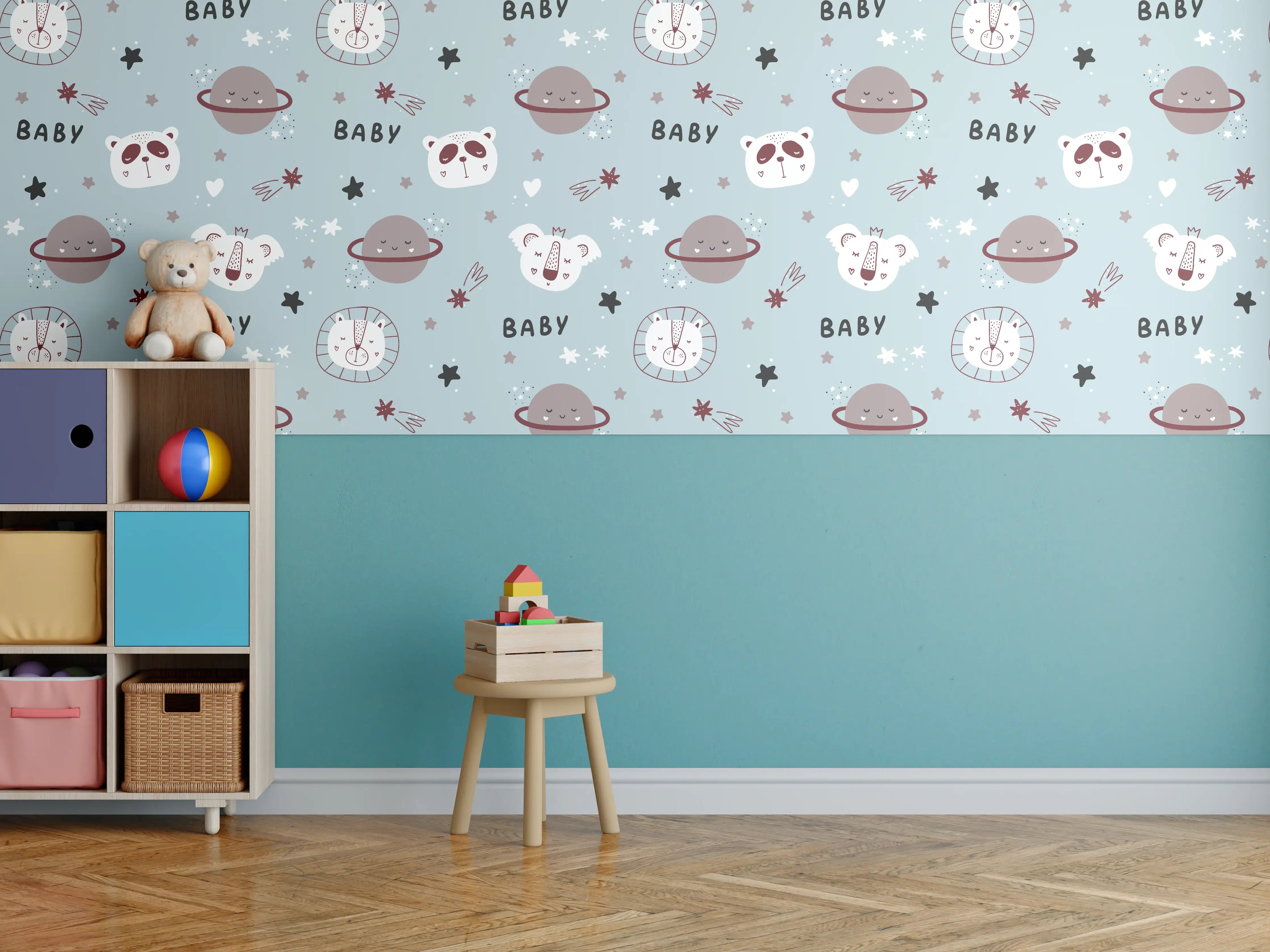 Kinderzimmer Wandgestaltung - Weltall mit Himmelskörpern in Blau und Grau