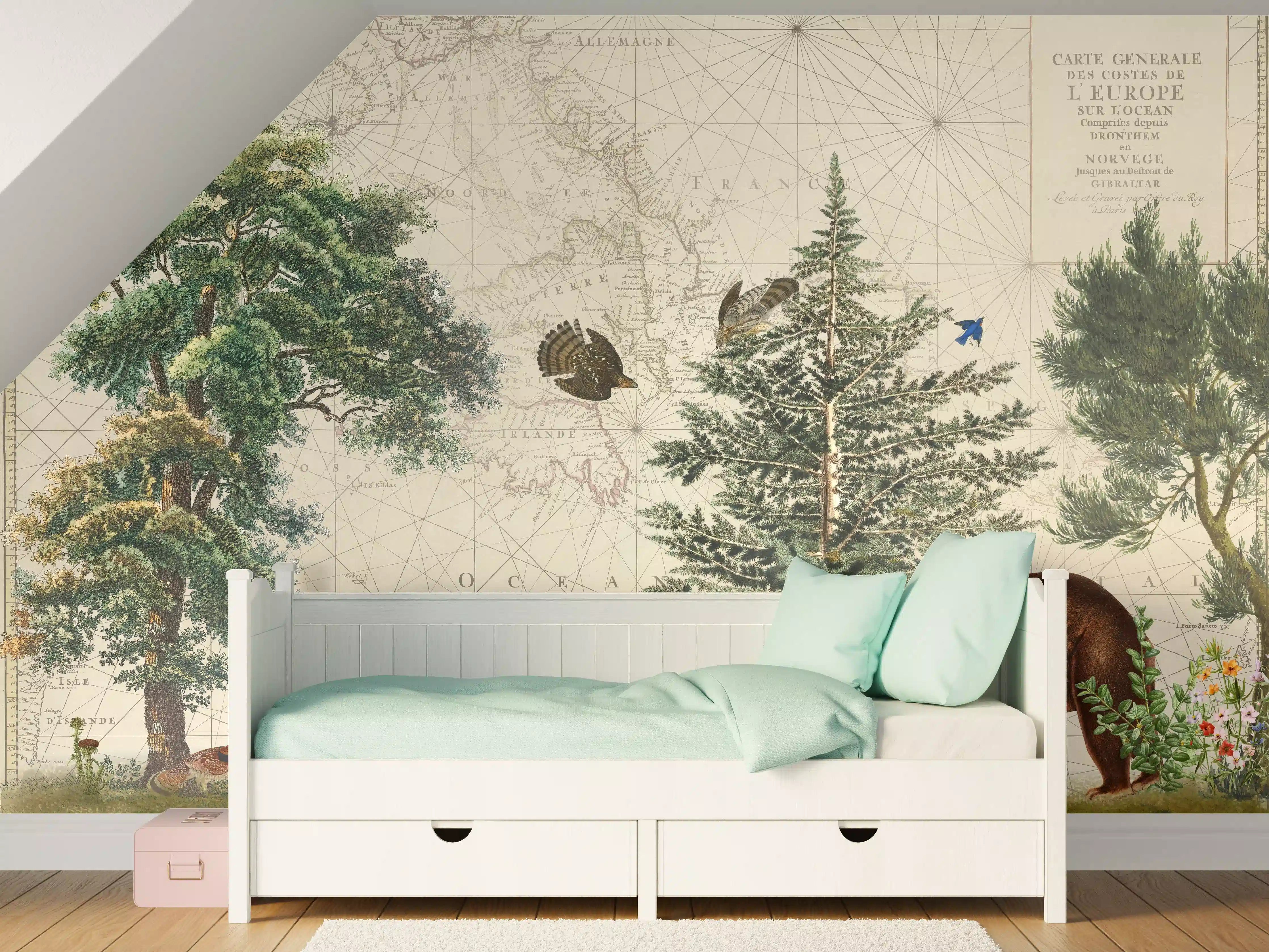 Kinderzimmer Wandgestaltung - Weltkarte mit tropischem Wald