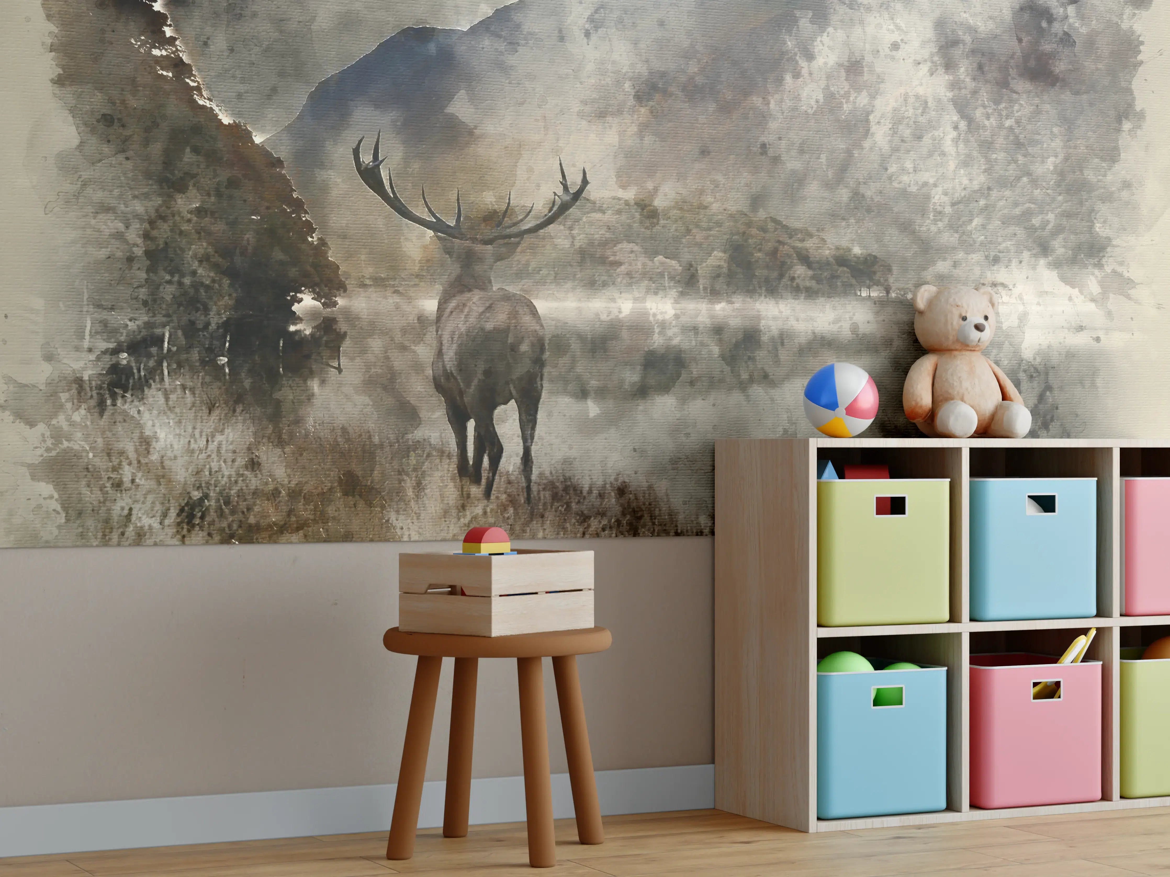 Kinderzimmer Wandgestaltung - Wilder Hirsch vor Nebelbergen