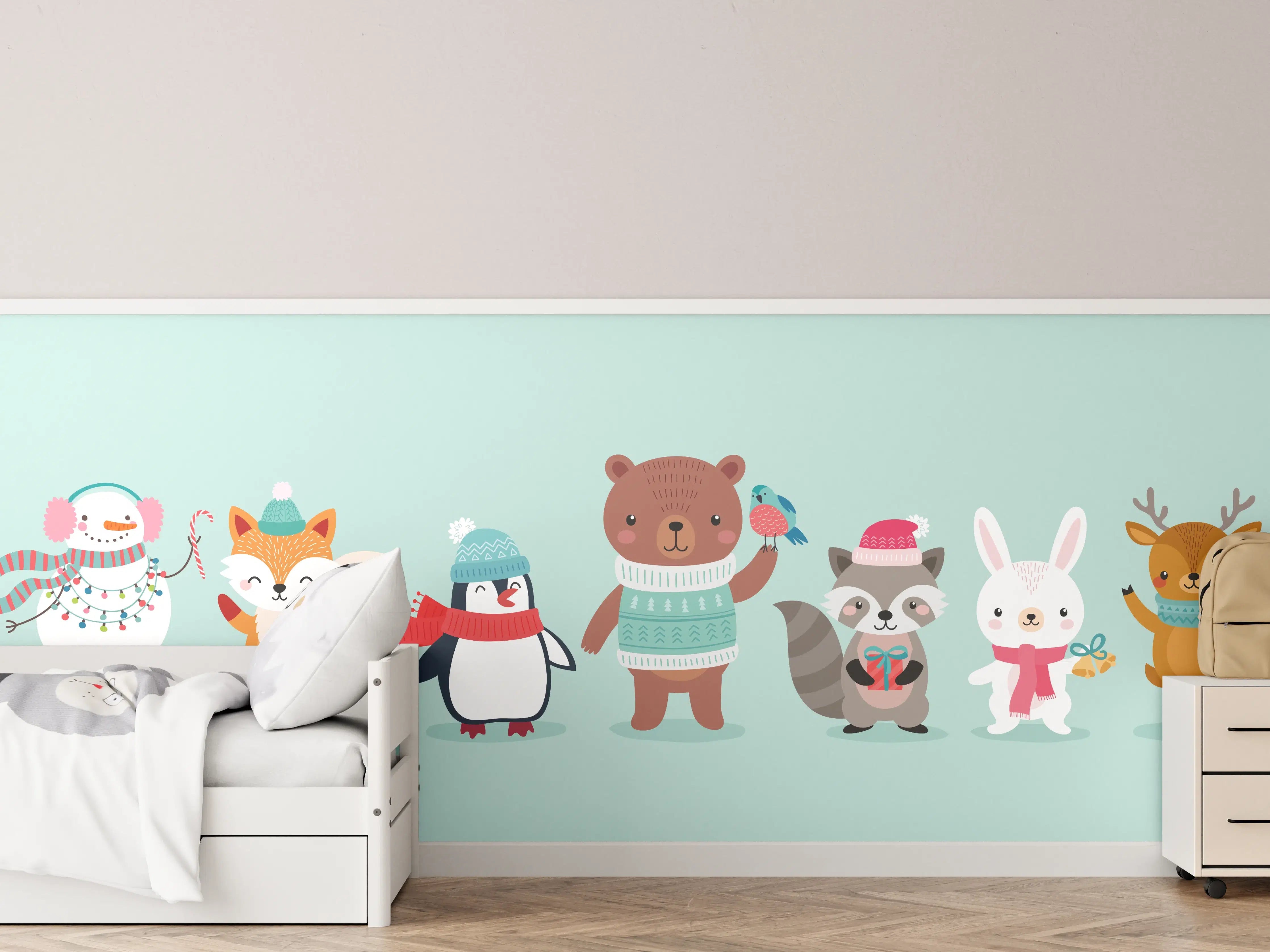 Kinderzimmer Wandgestaltung - Winterliche Tierfreunde Illustration
