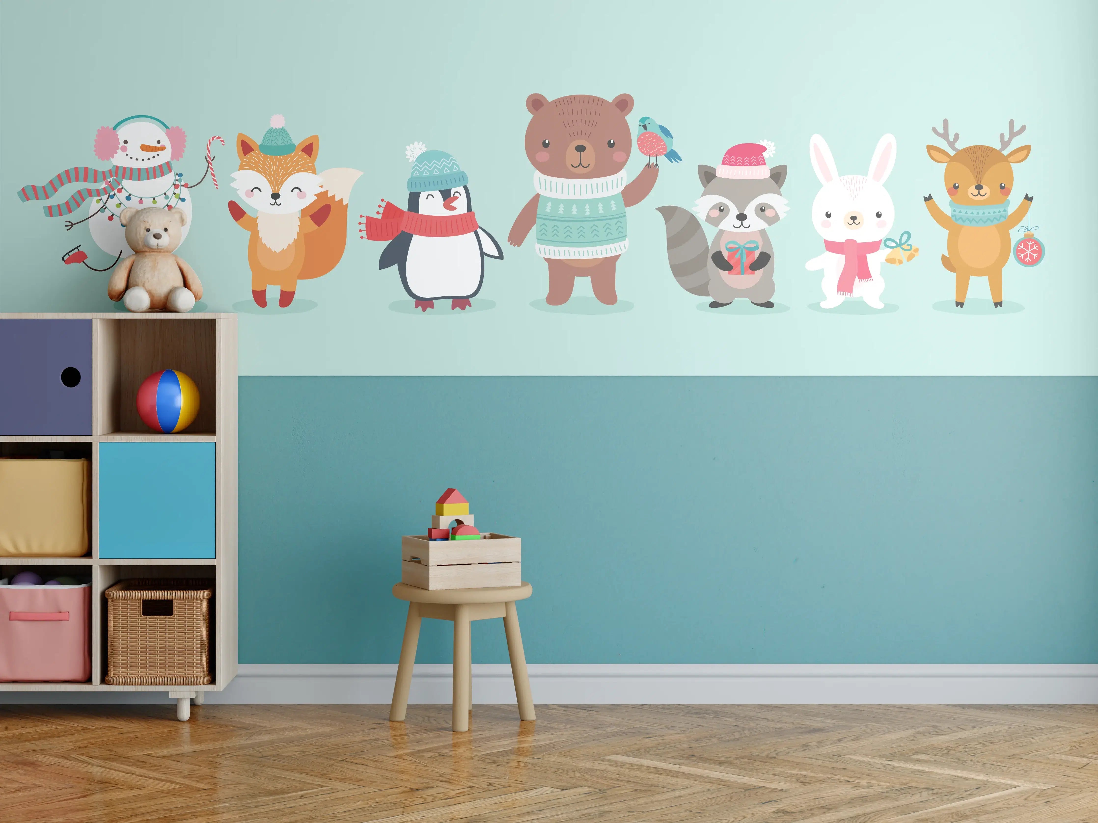 Kinderzimmer Wandgestaltung - Winterliche Tierfreunde Illustration