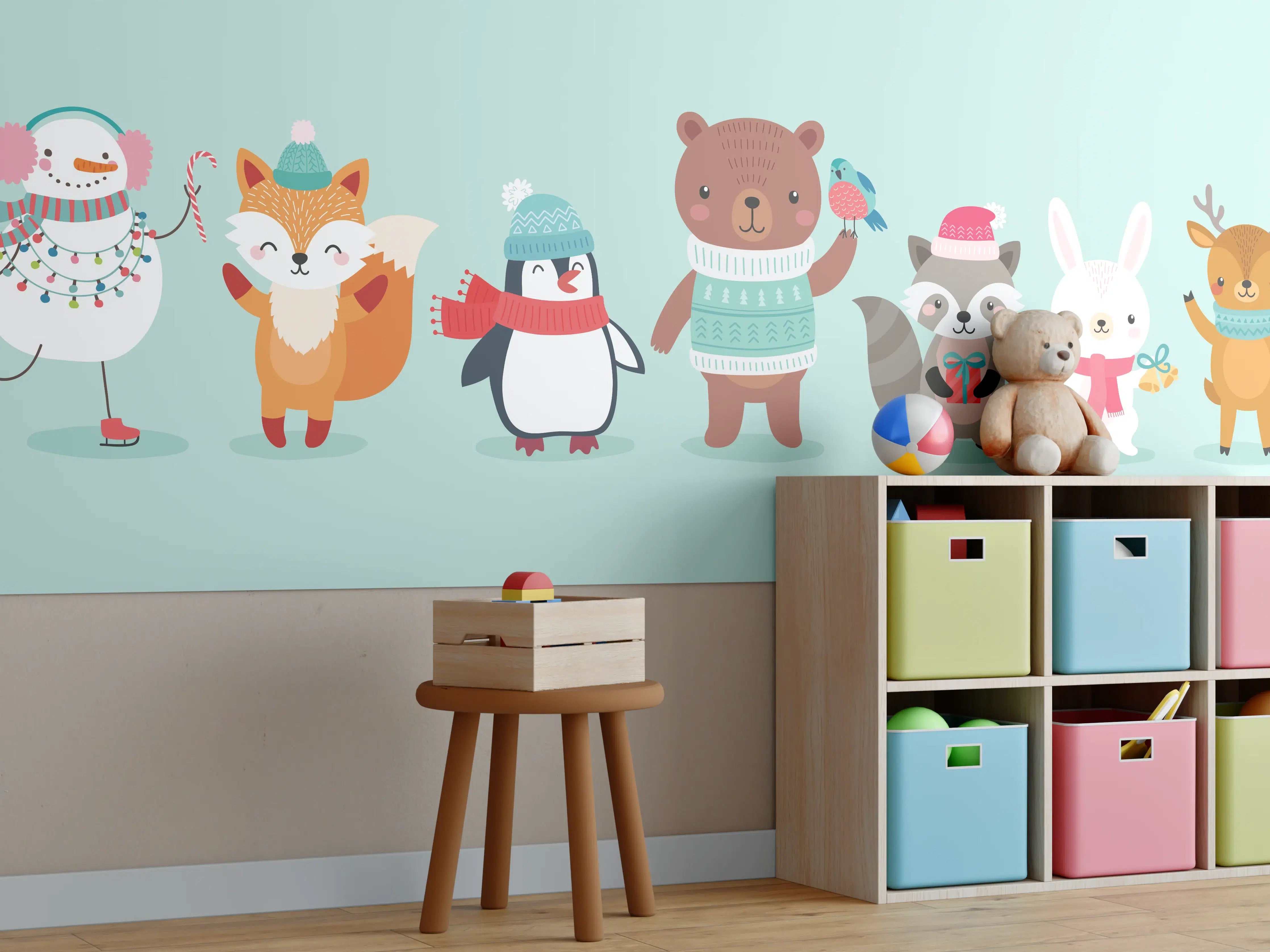 Kinderzimmer Wandgestaltung - Winterliche Tierfreunde Illustration