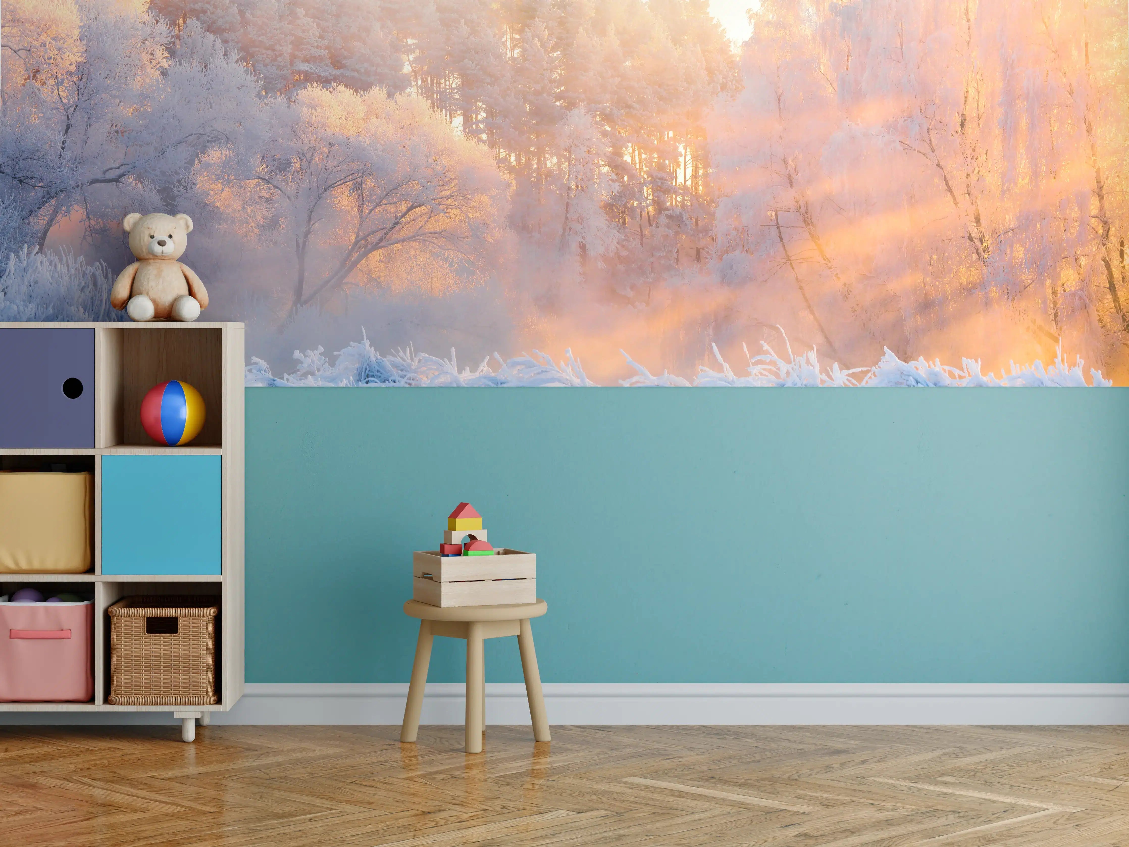 Kinderzimmer Wandgestaltung - Winterliche Waldszene in Morgenstimmung