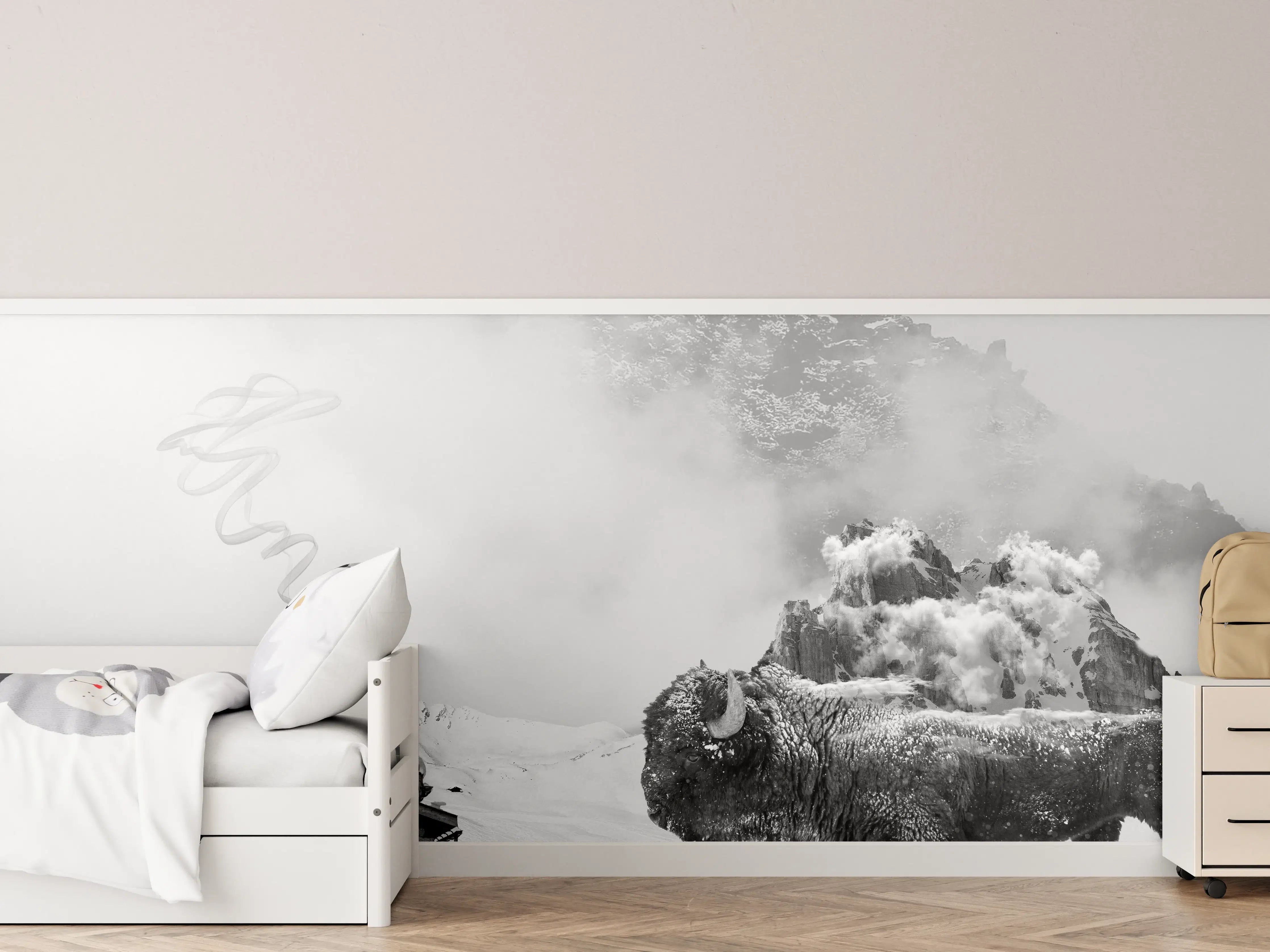 Kinderzimmer Wandgestaltung - Winterlicher Bison in Schwarz-Weiß