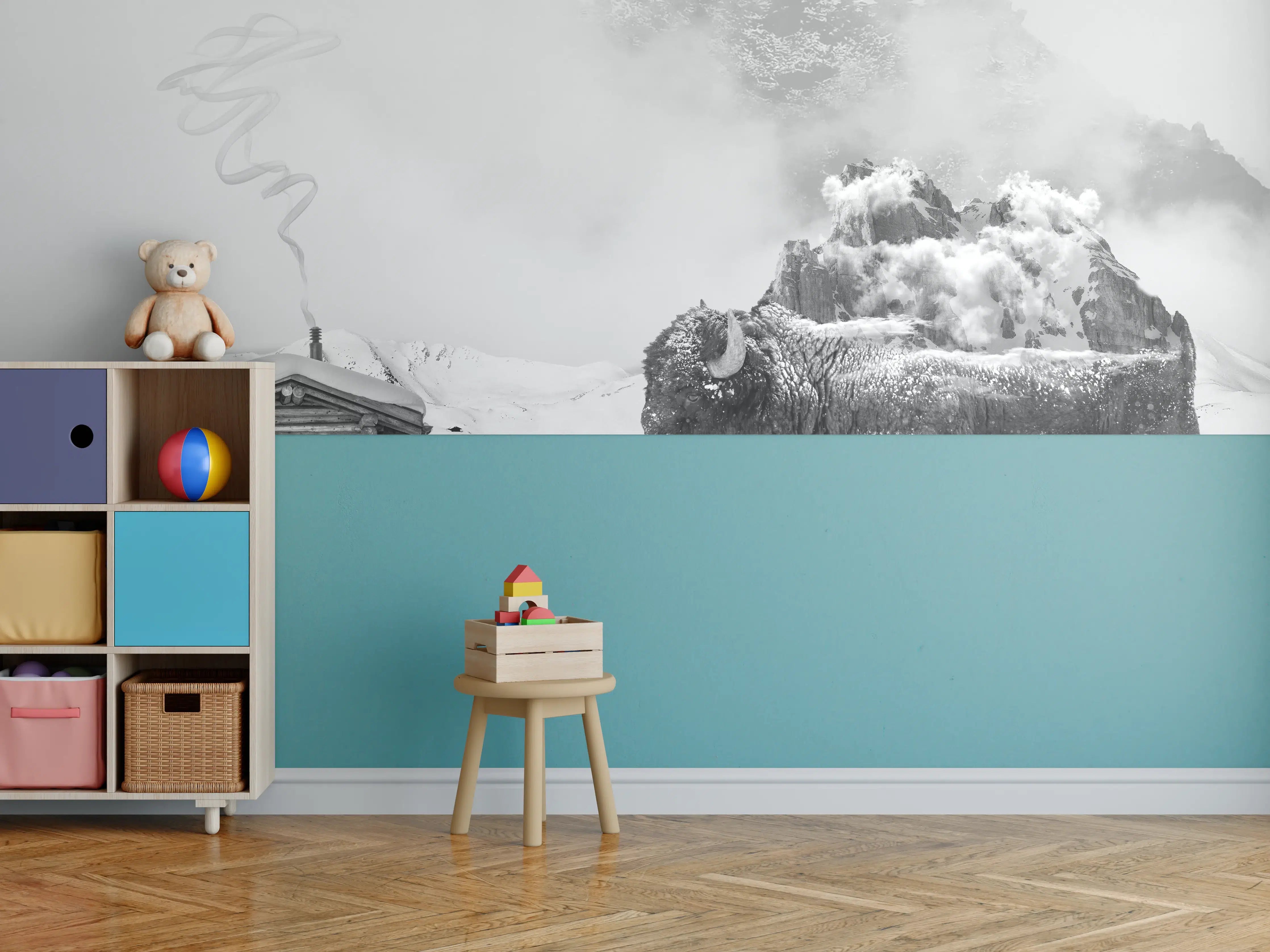 Kinderzimmer Wandgestaltung - Winterlicher Bison in Schwarz-Weiß