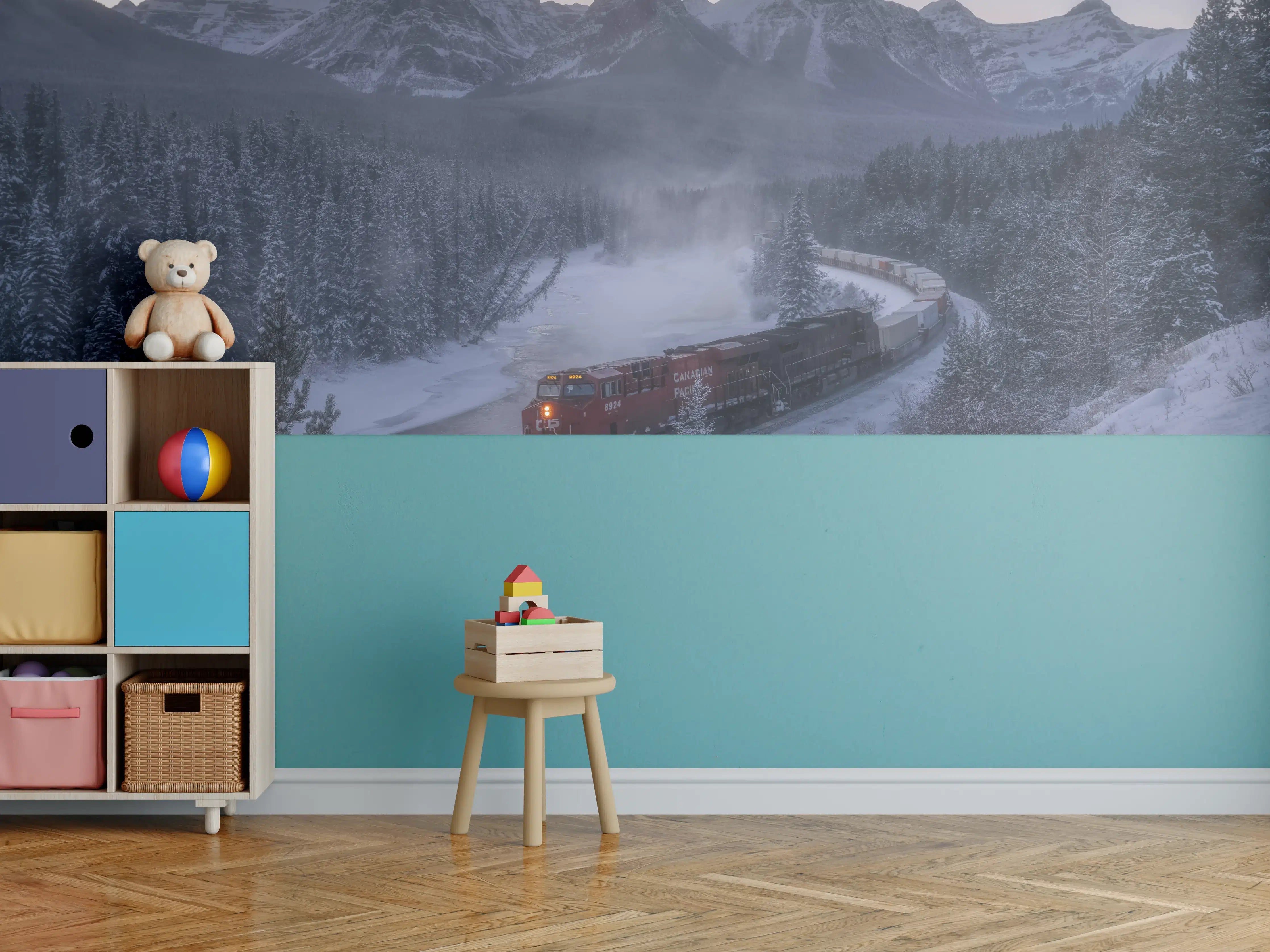Kinderzimmer Wandgestaltung - Winterzug in Bergkulisse