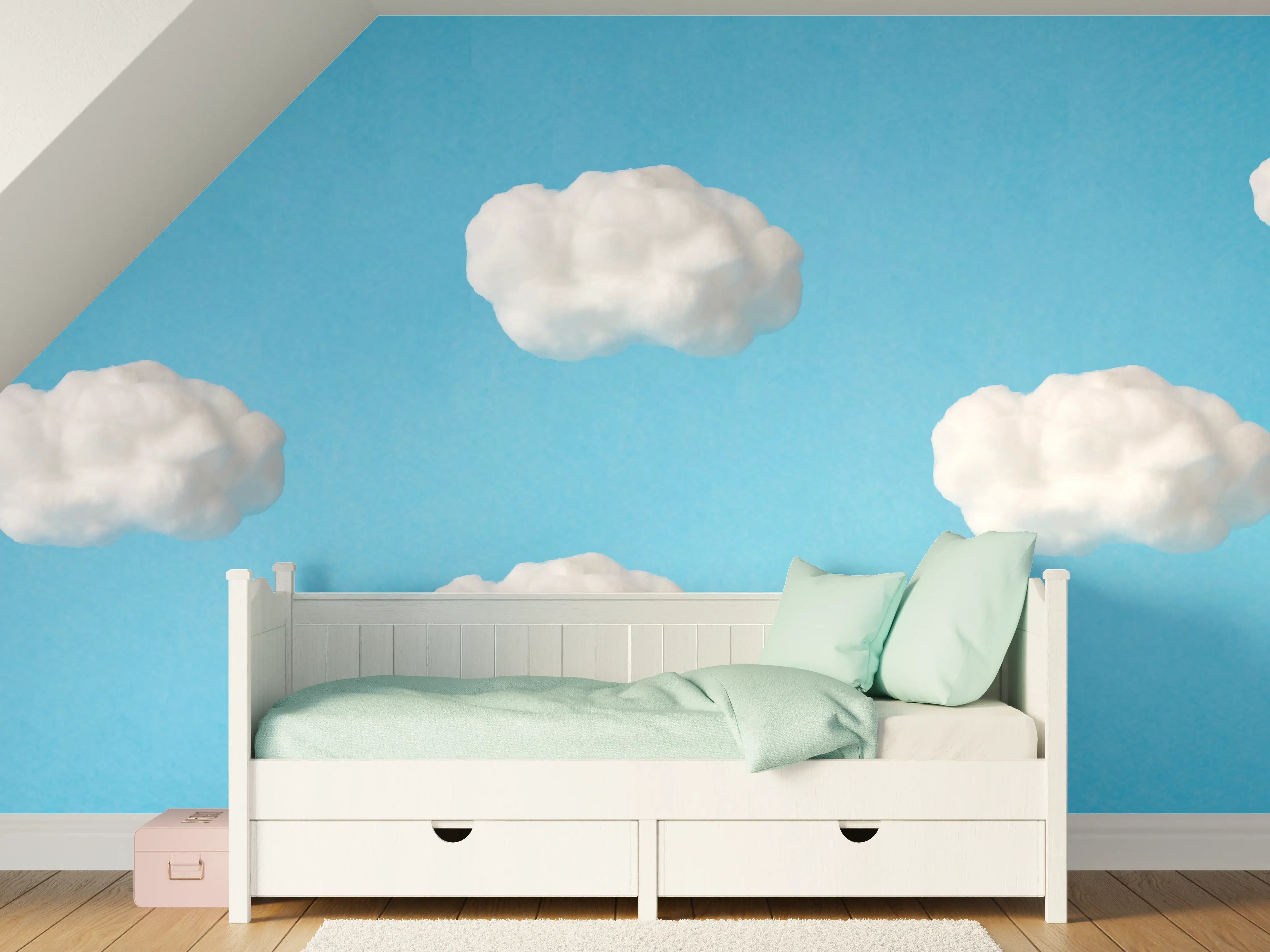 Kinderzimmer Wandgestaltung - Wolke aus Watte auf himmelblauem Hintergrund
