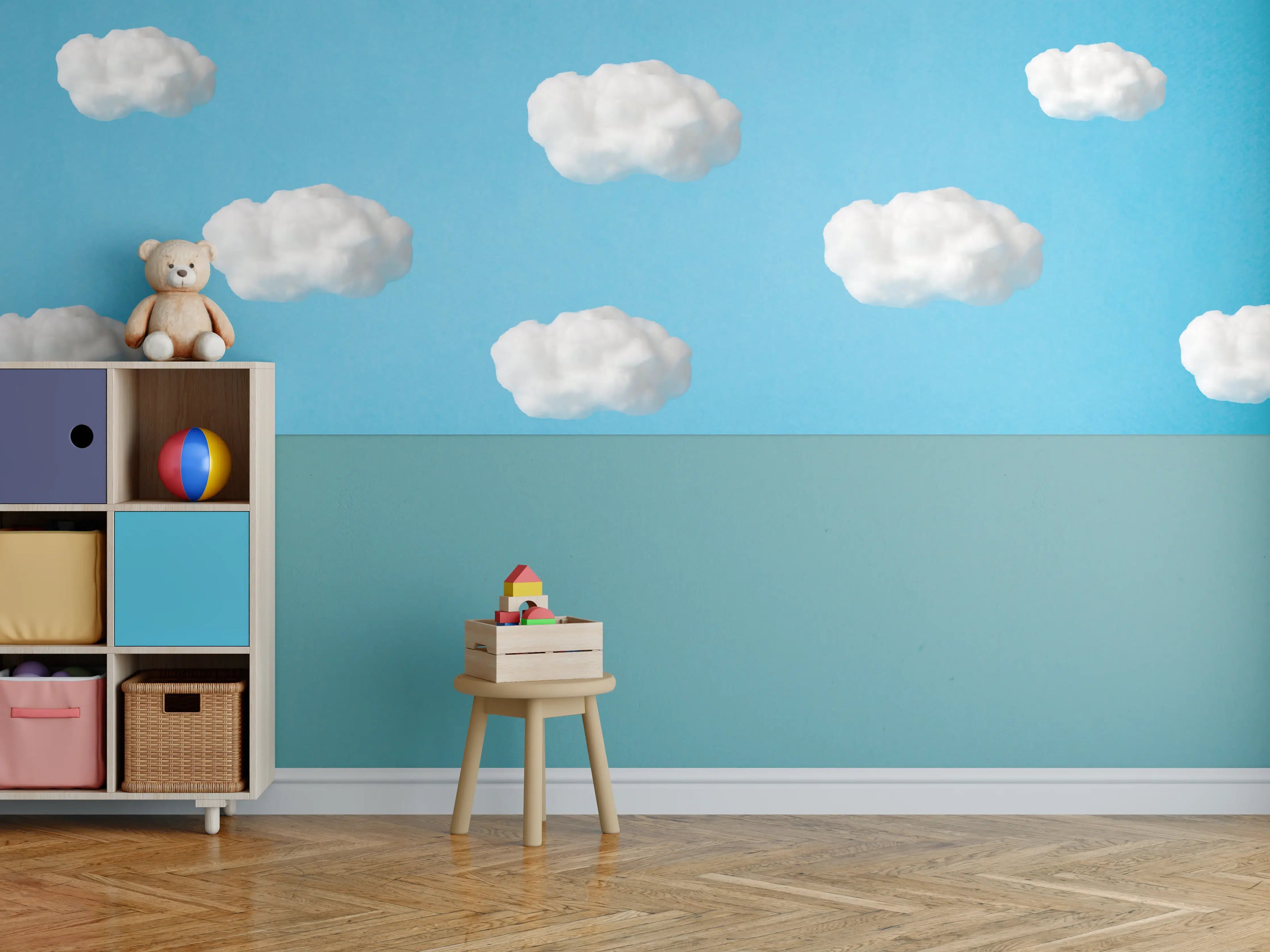 Kinderzimmer Wandgestaltung - Wolke aus Watte auf himmelblauem Hintergrund