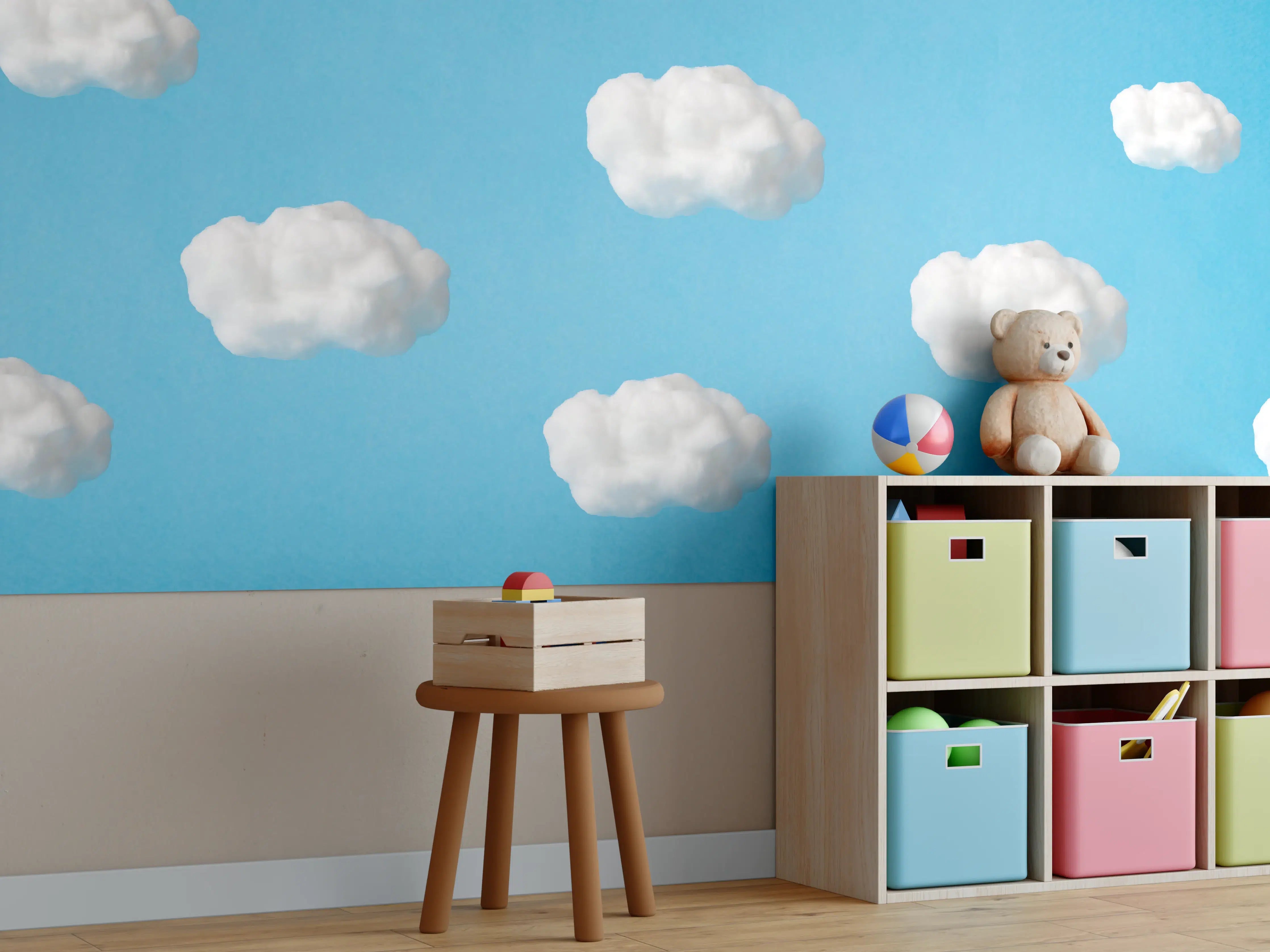 Kinderzimmer Wandgestaltung - Wolke aus Watte auf himmelblauem Hintergrund