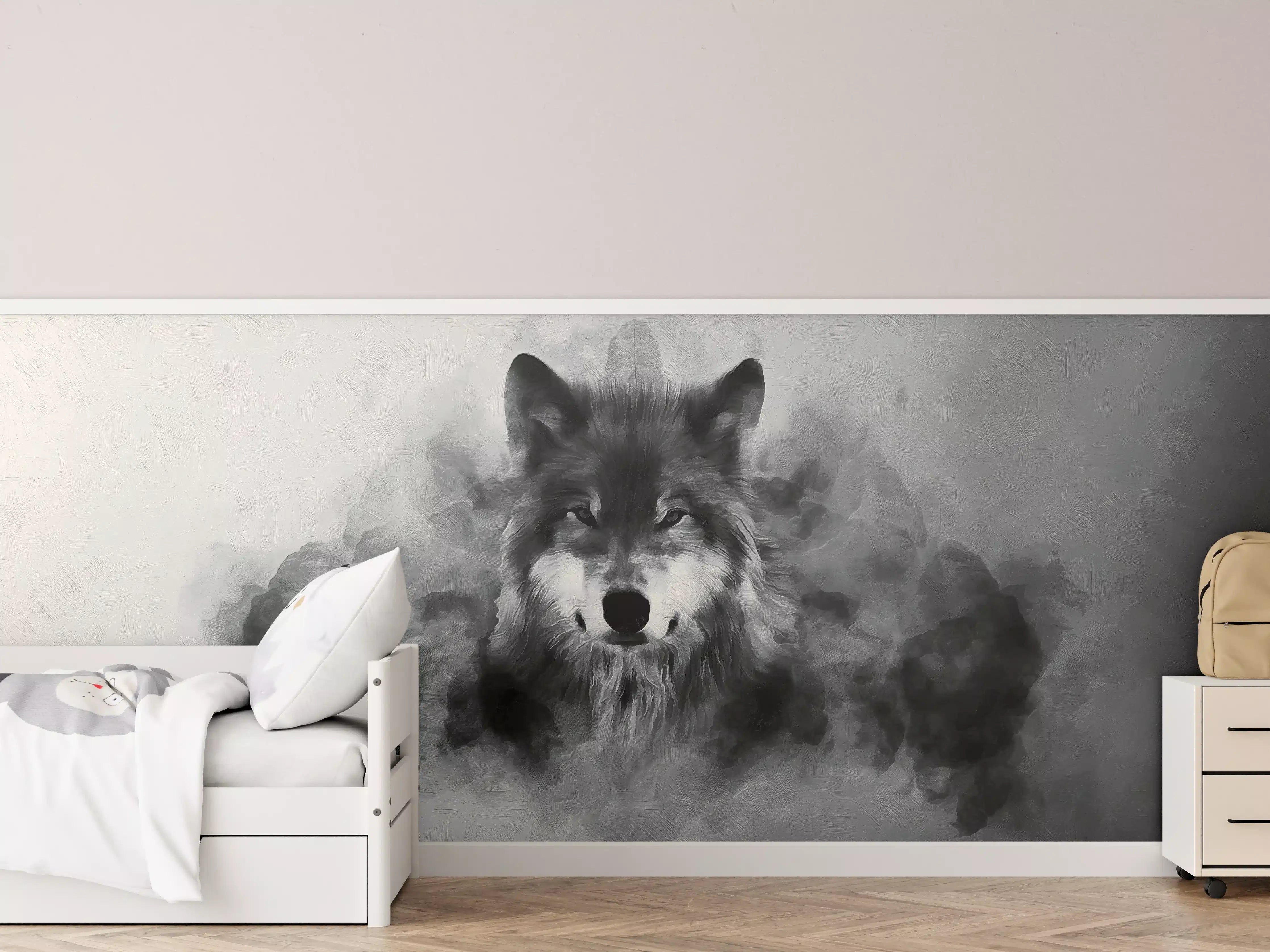 Kinderzimmer Wandgestaltung - Wolkiges Wolfporträt in Schwarzweiß