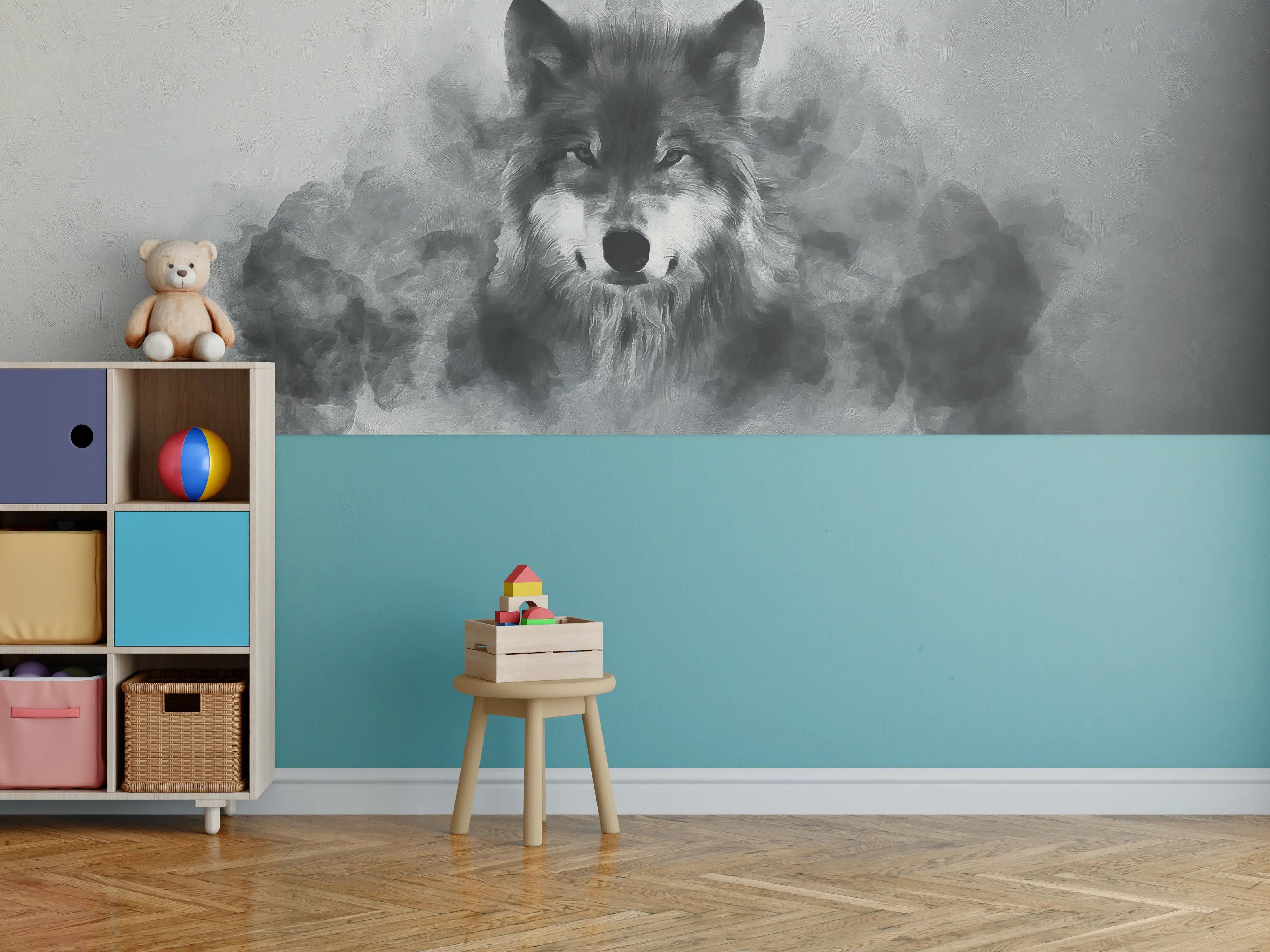 Kinderzimmer Wandgestaltung - Wolkiges Wolfporträt in Schwarzweiß