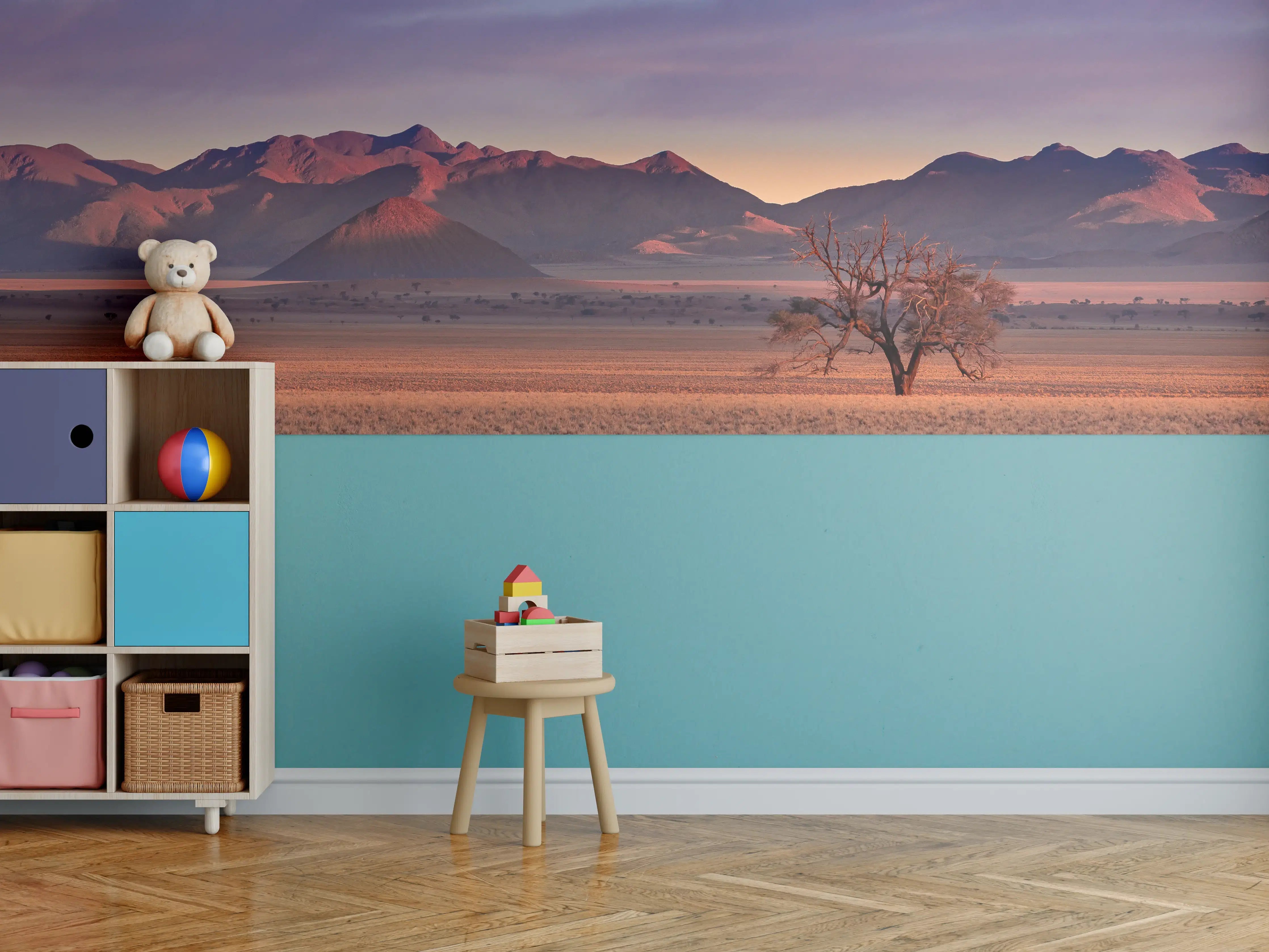 Kinderzimmer Wandgestaltung - Wüstenlandschaft mit einsamer Baumsilhouette bei Sonnenuntergang