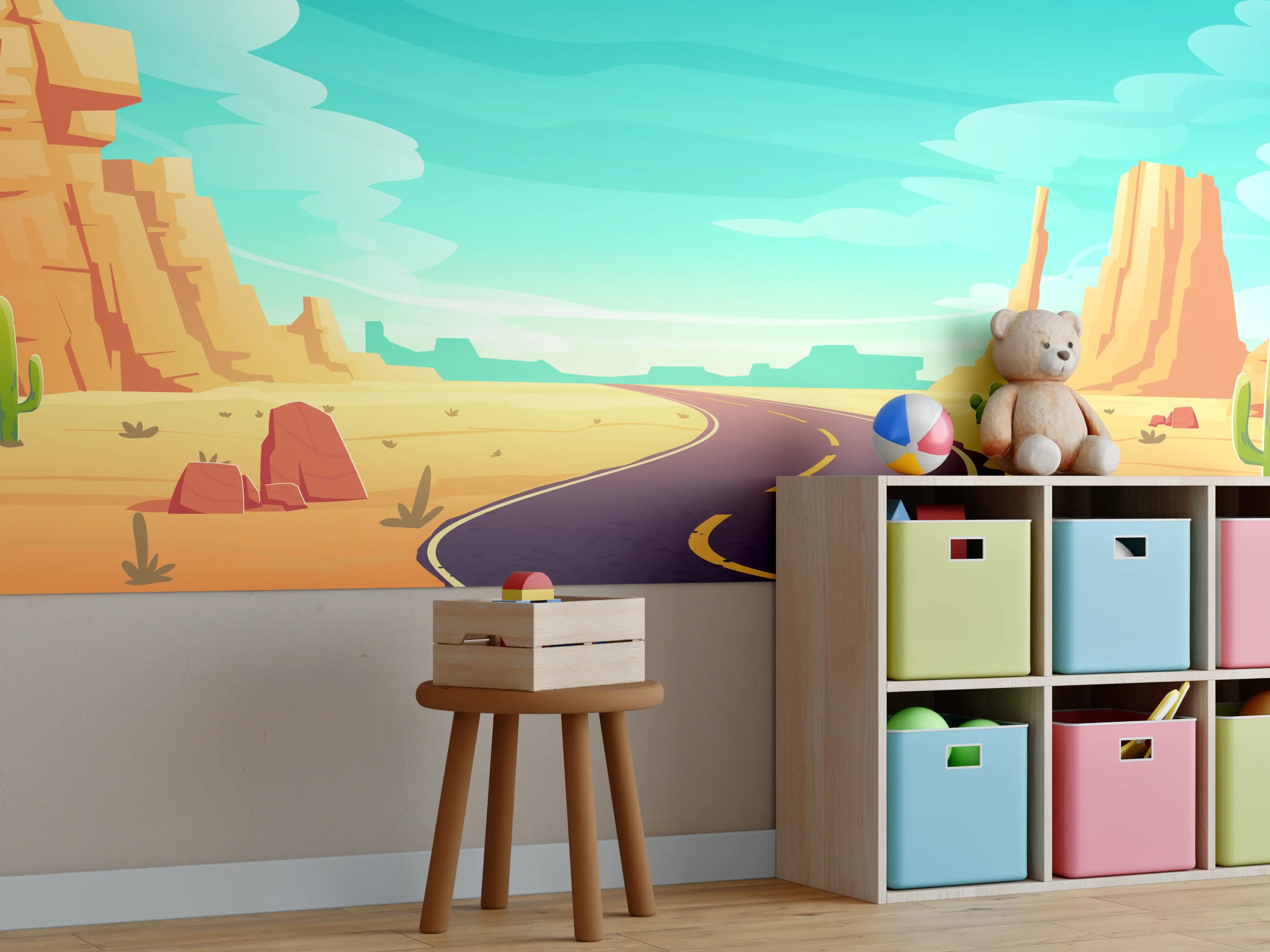 Kinderzimmer Wandgestaltung - Wüstenstraße mit Canyons und Kakteen