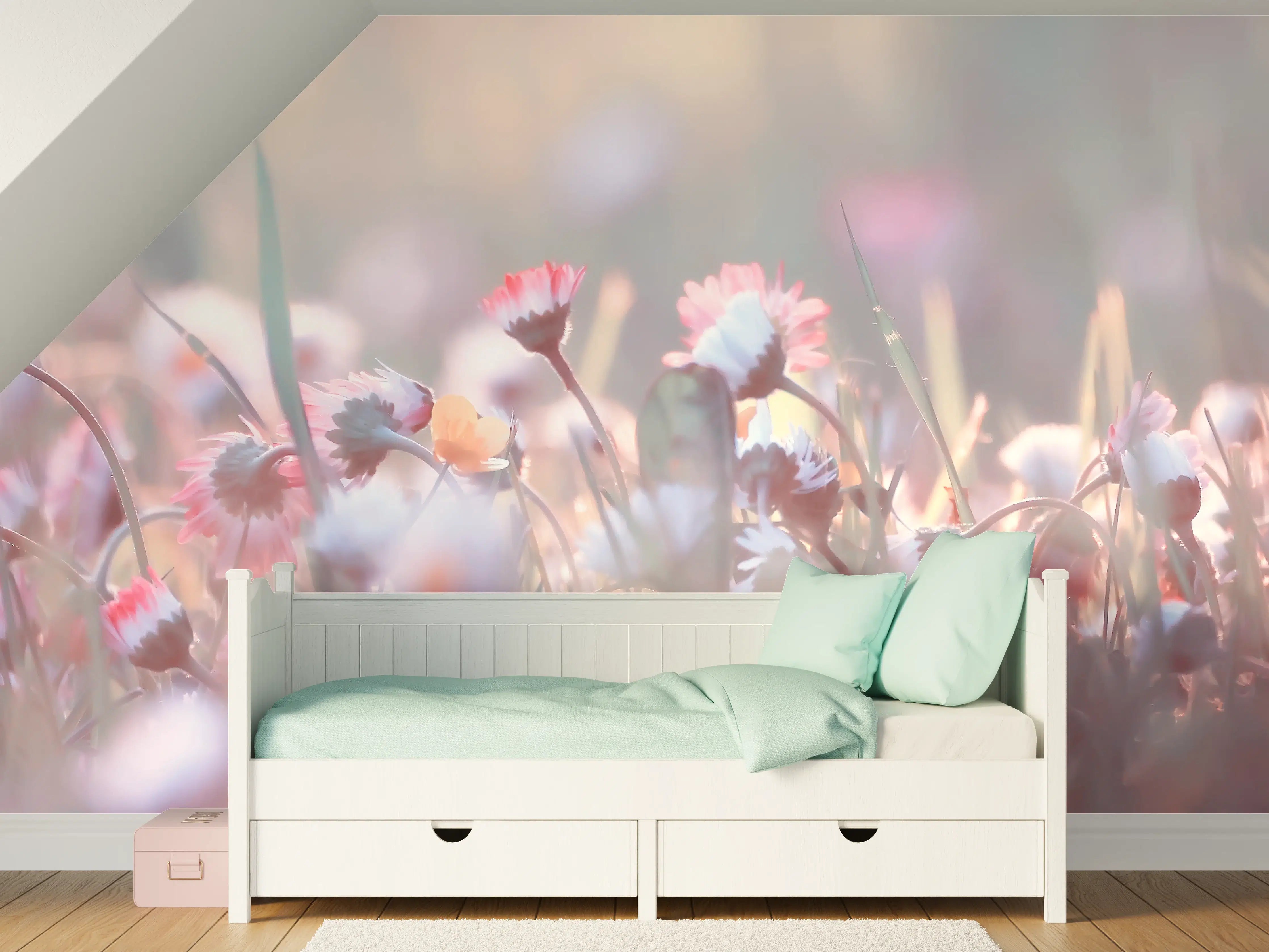 Kinderzimmer Wandgestaltung - Zarte Blumen im Morgengrauen