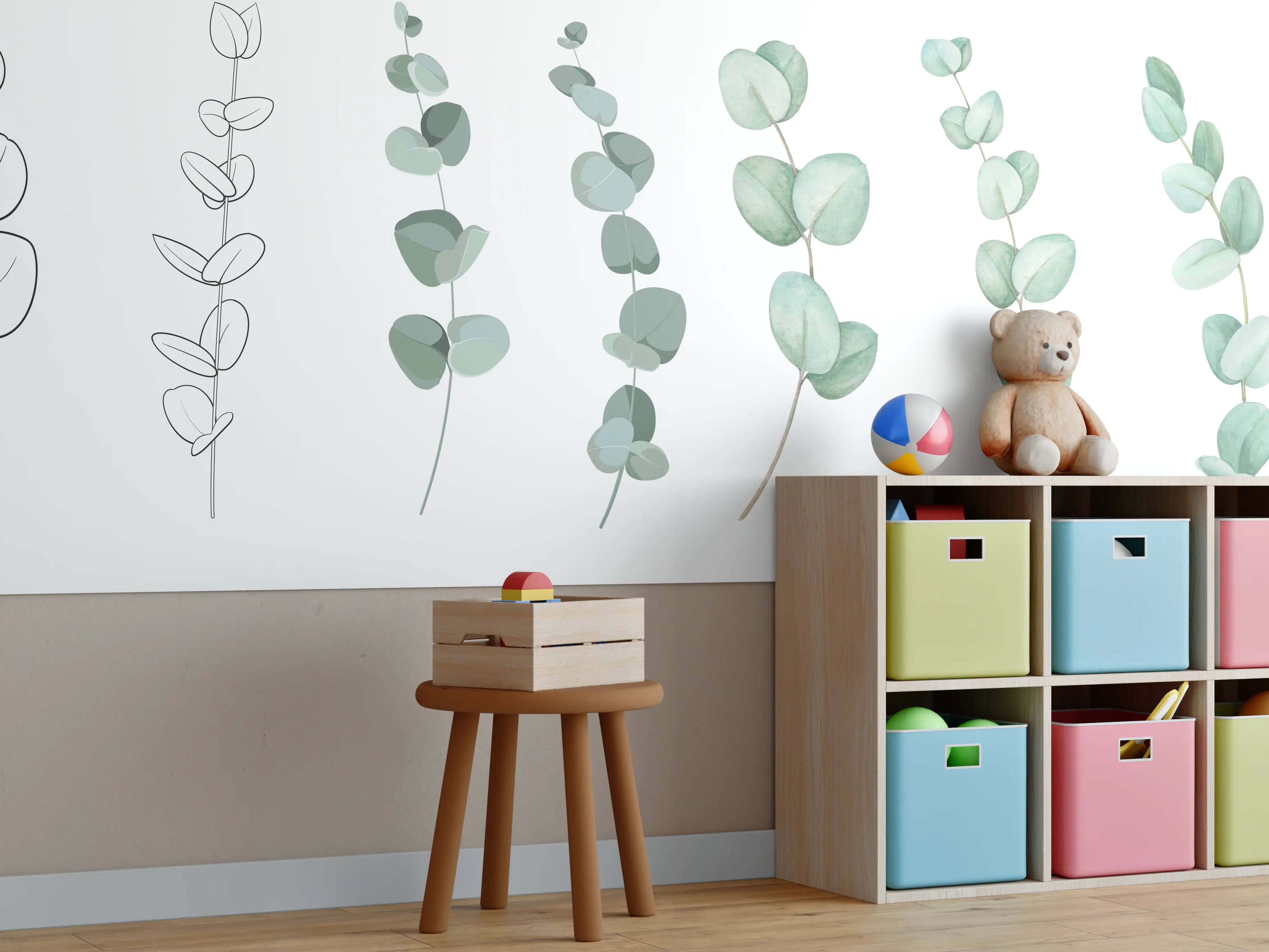 Kinderzimmer Wandgestaltung - Zarte Eukalyptus Aquarell-Motive
