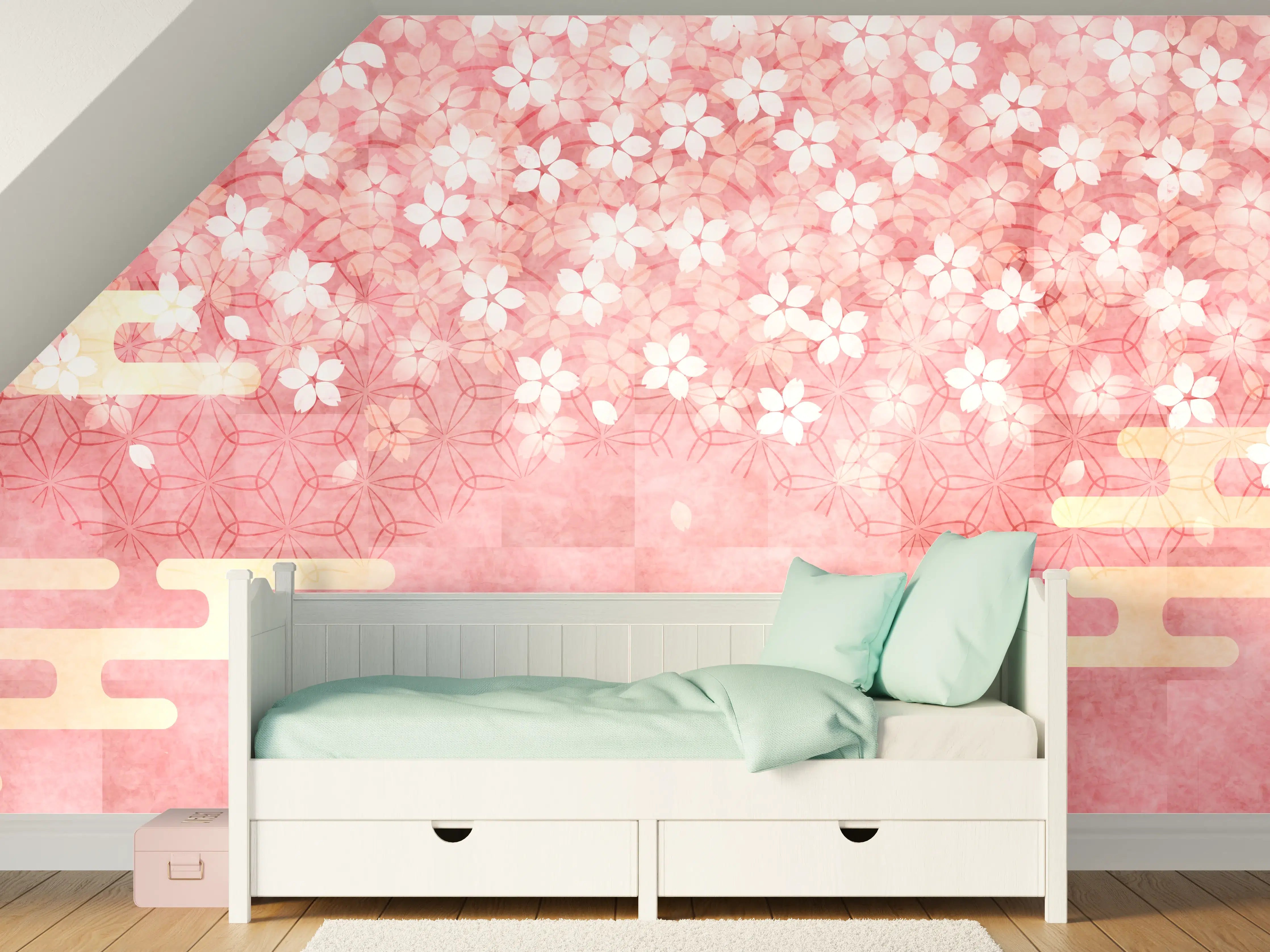 Kinderzimmer Wandgestaltung - Zarte Kirschblüten auf pinkem Hintergrund
