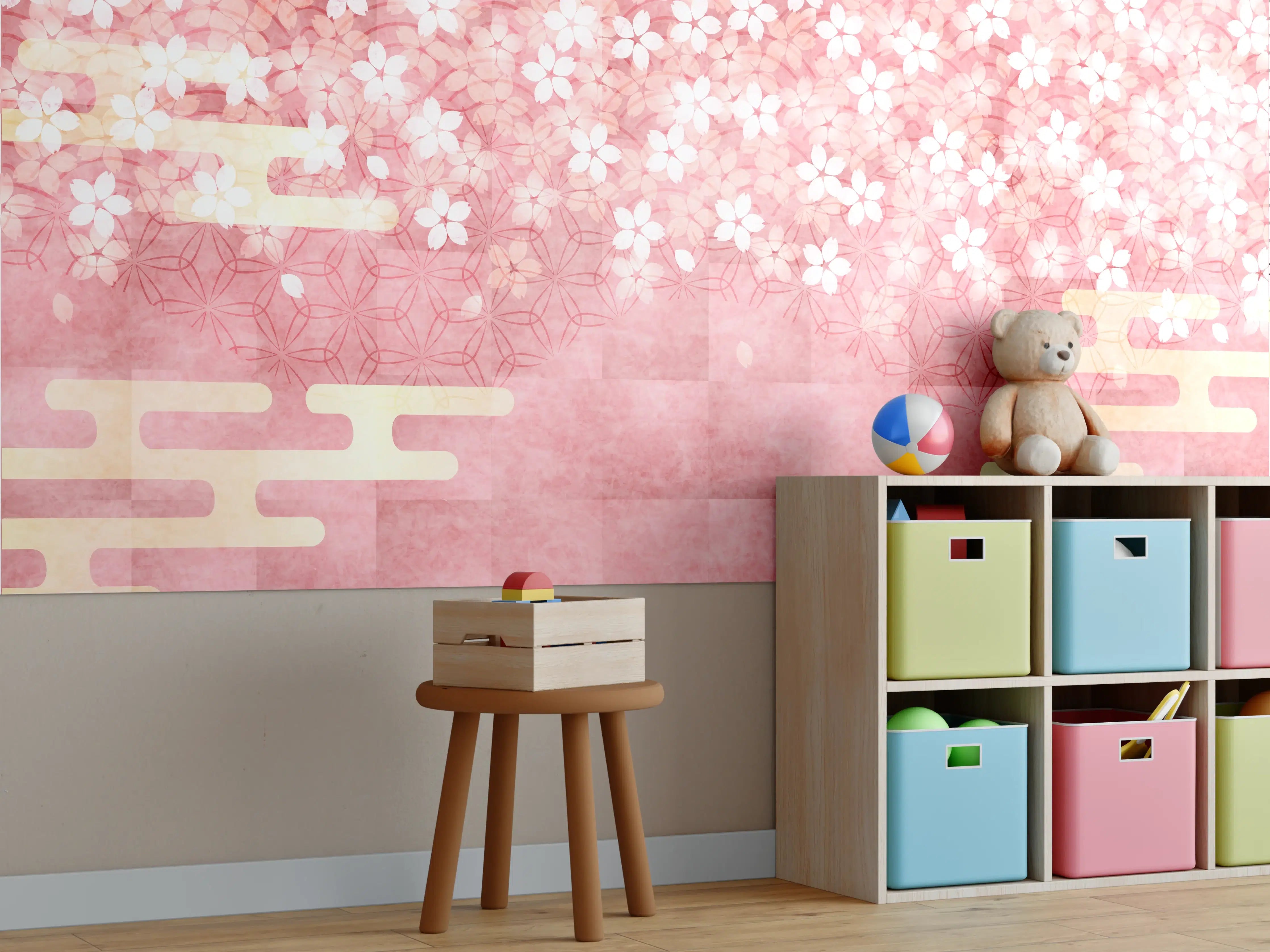 Kinderzimmer Wandgestaltung - Zarte Kirschblüten auf pinkem Hintergrund