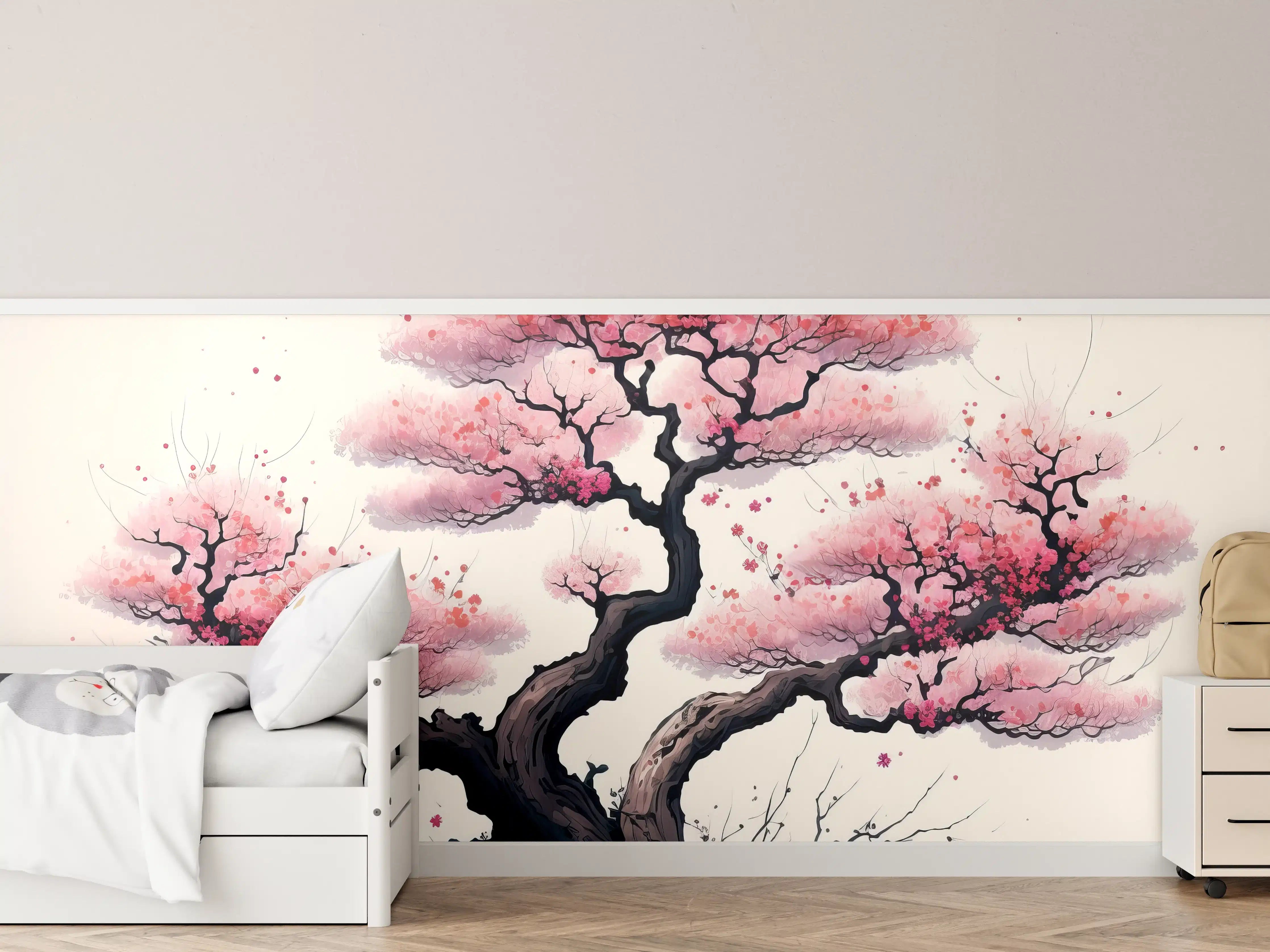 Kinderzimmer Wandgestaltung - Zarte Kirschblüten in Grauweiß: Aquarellmalerei