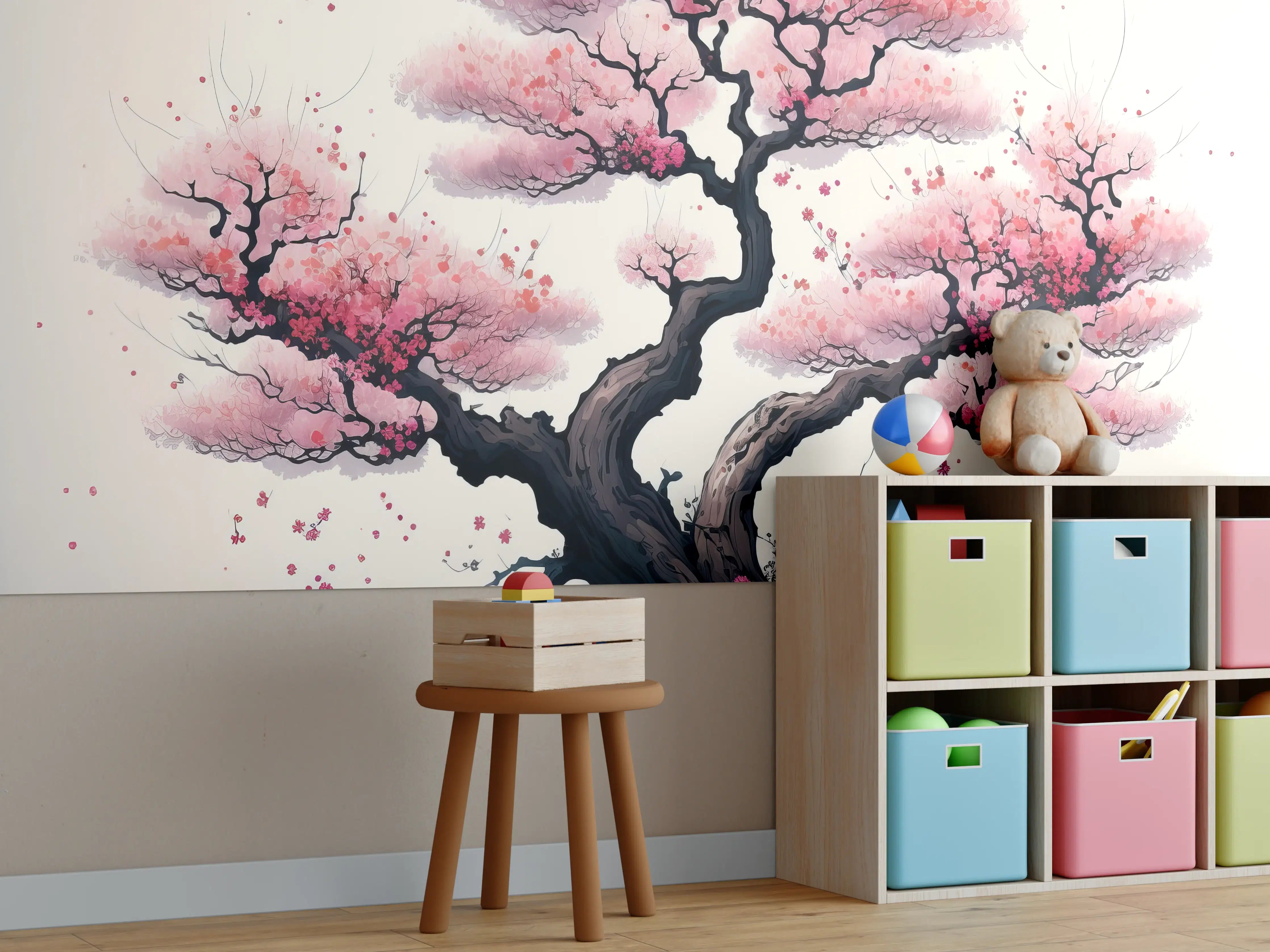 Kinderzimmer Wandgestaltung - Zarte Kirschblüten in Grauweiß: Aquarellmalerei