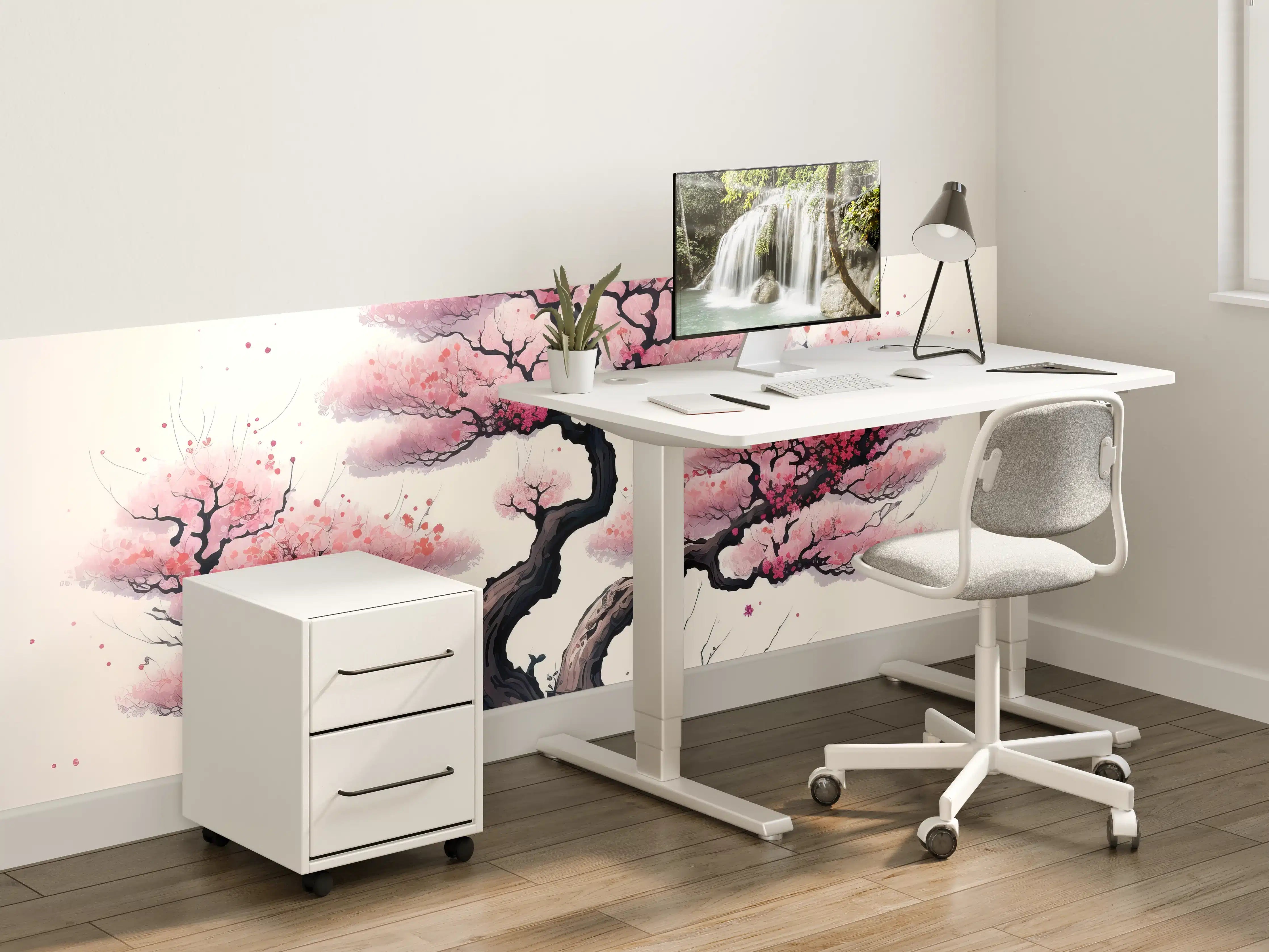 Kinderzimmer Wandgestaltung - Zarte Kirschblüten in Grauweiß: Aquarellmalerei