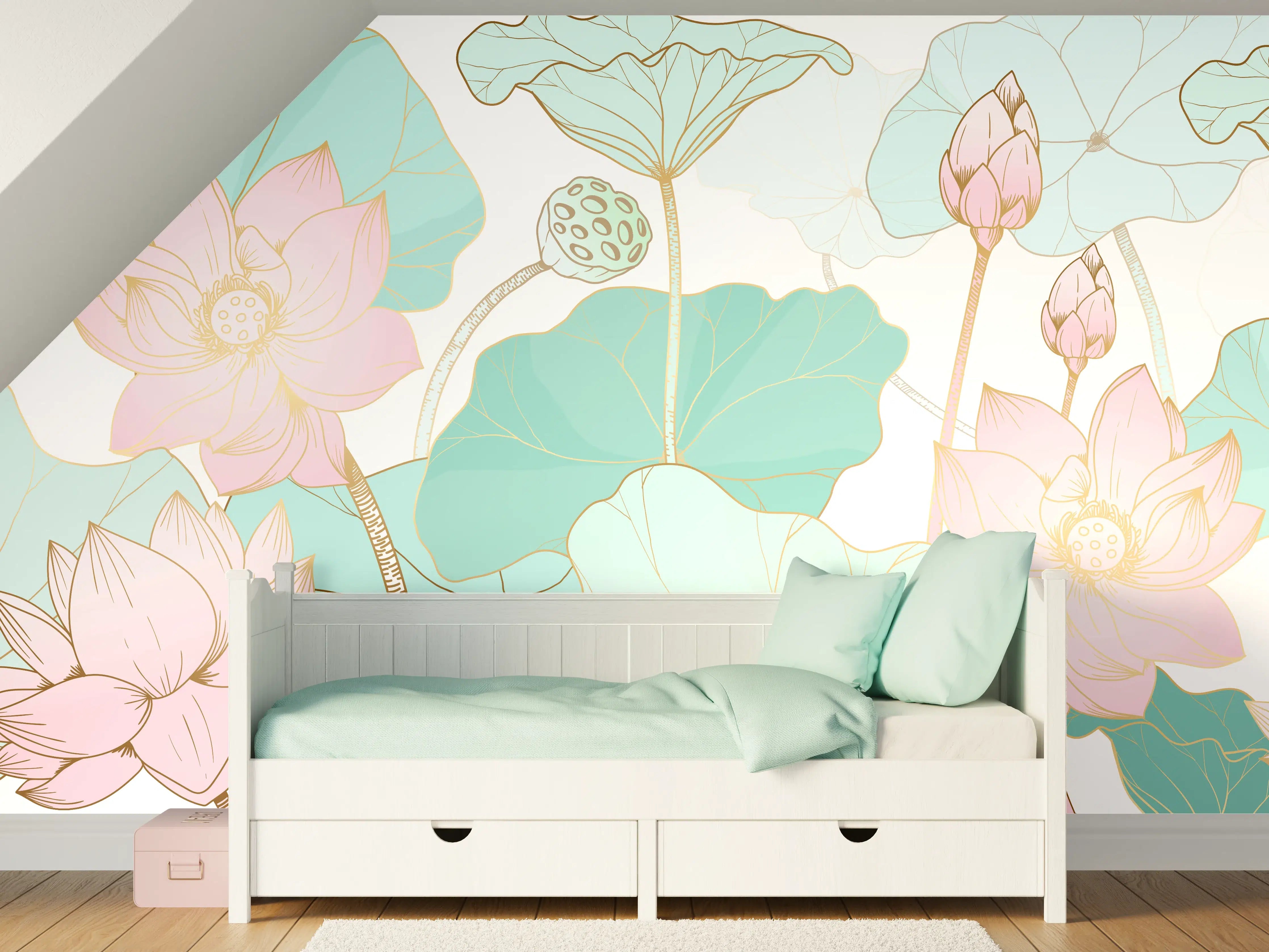 Kinderzimmer Wandgestaltung - Zarte Lotusblüten Pastellfarben