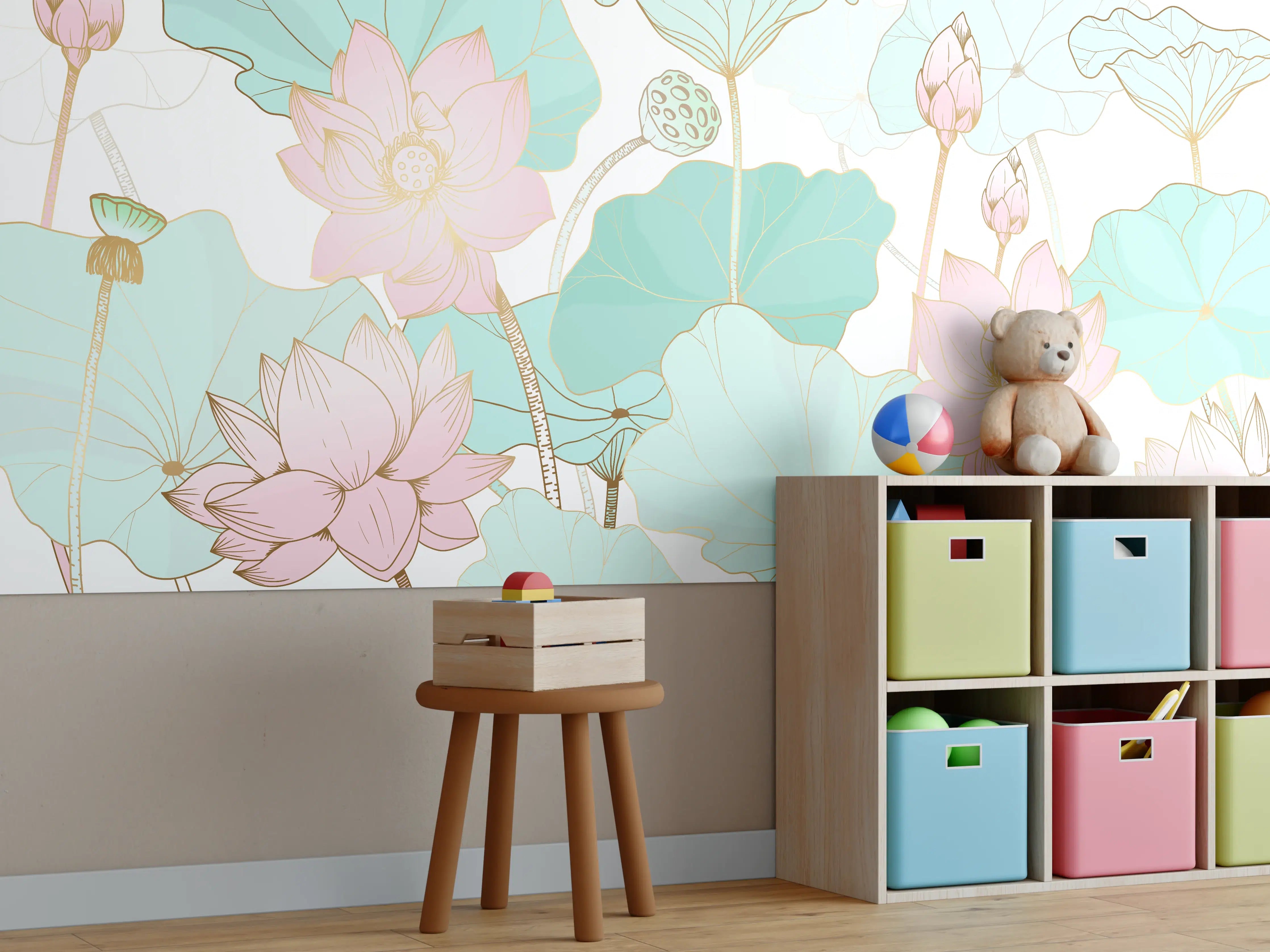 Kinderzimmer Wandgestaltung - Zarte Lotusblüten Pastellfarben