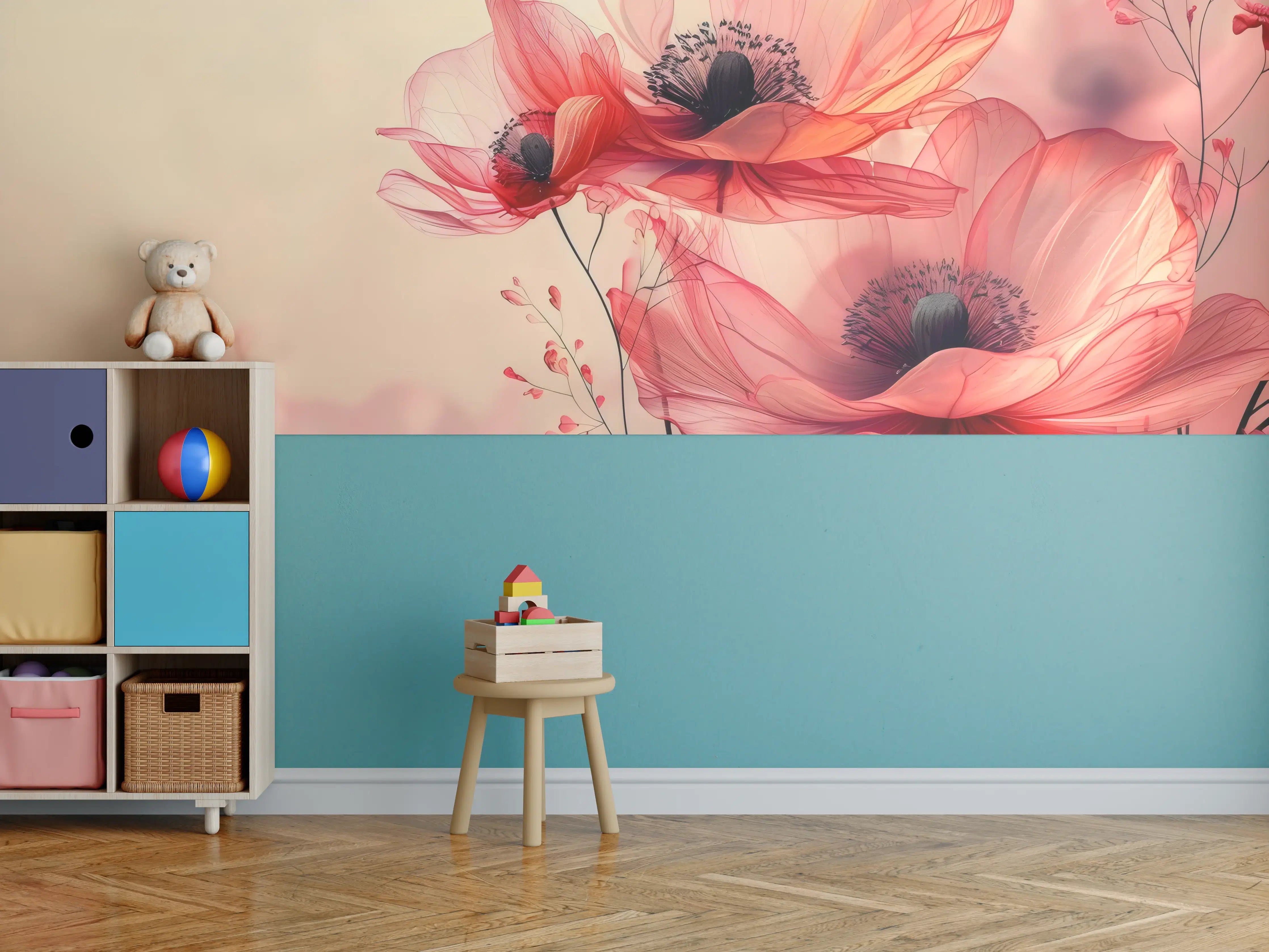 Kinderzimmer Wandgestaltung - Zarte Mohnblüten in Rosa