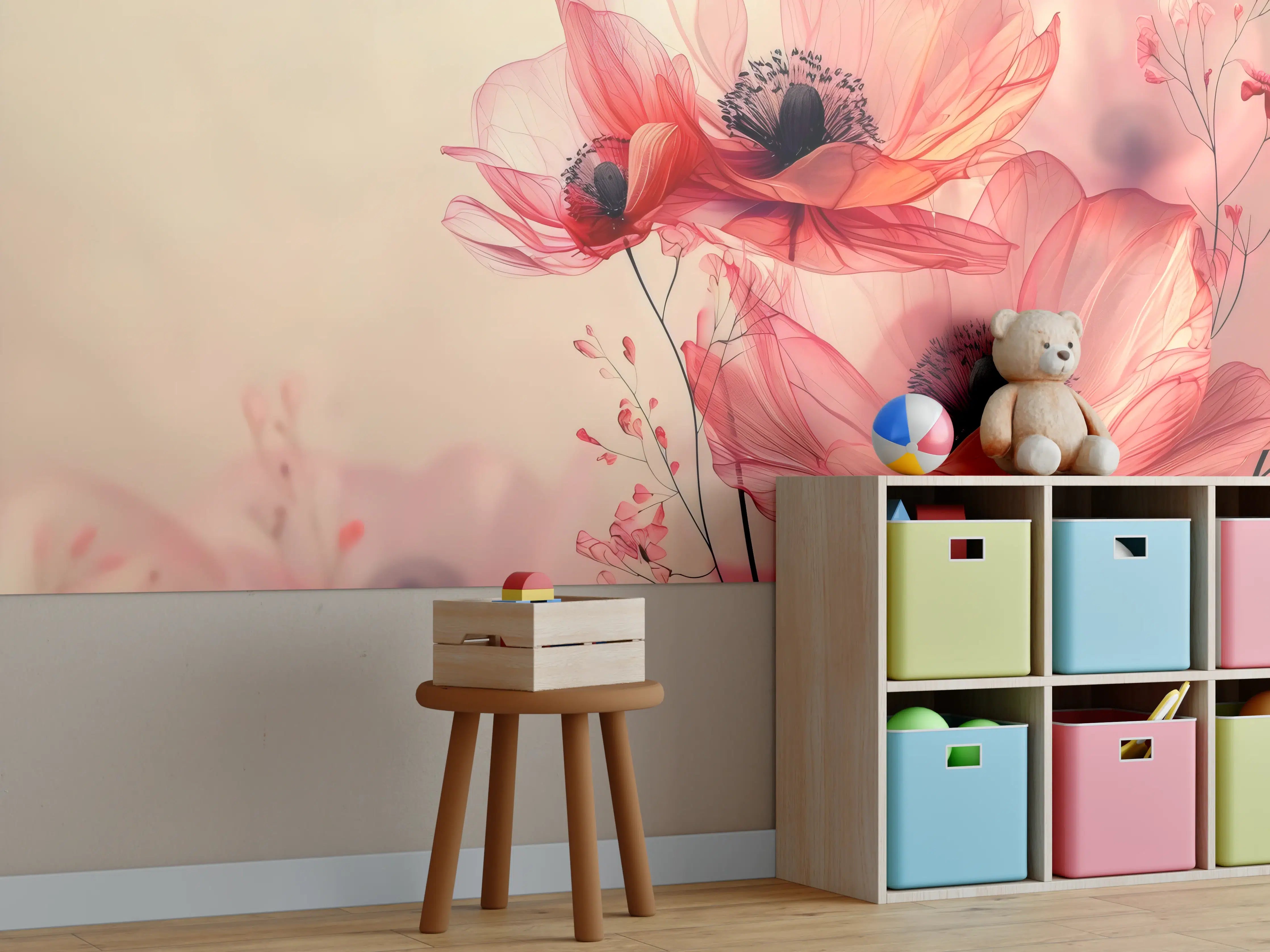 Kinderzimmer Wandgestaltung - Zarte Mohnblüten in Rosa