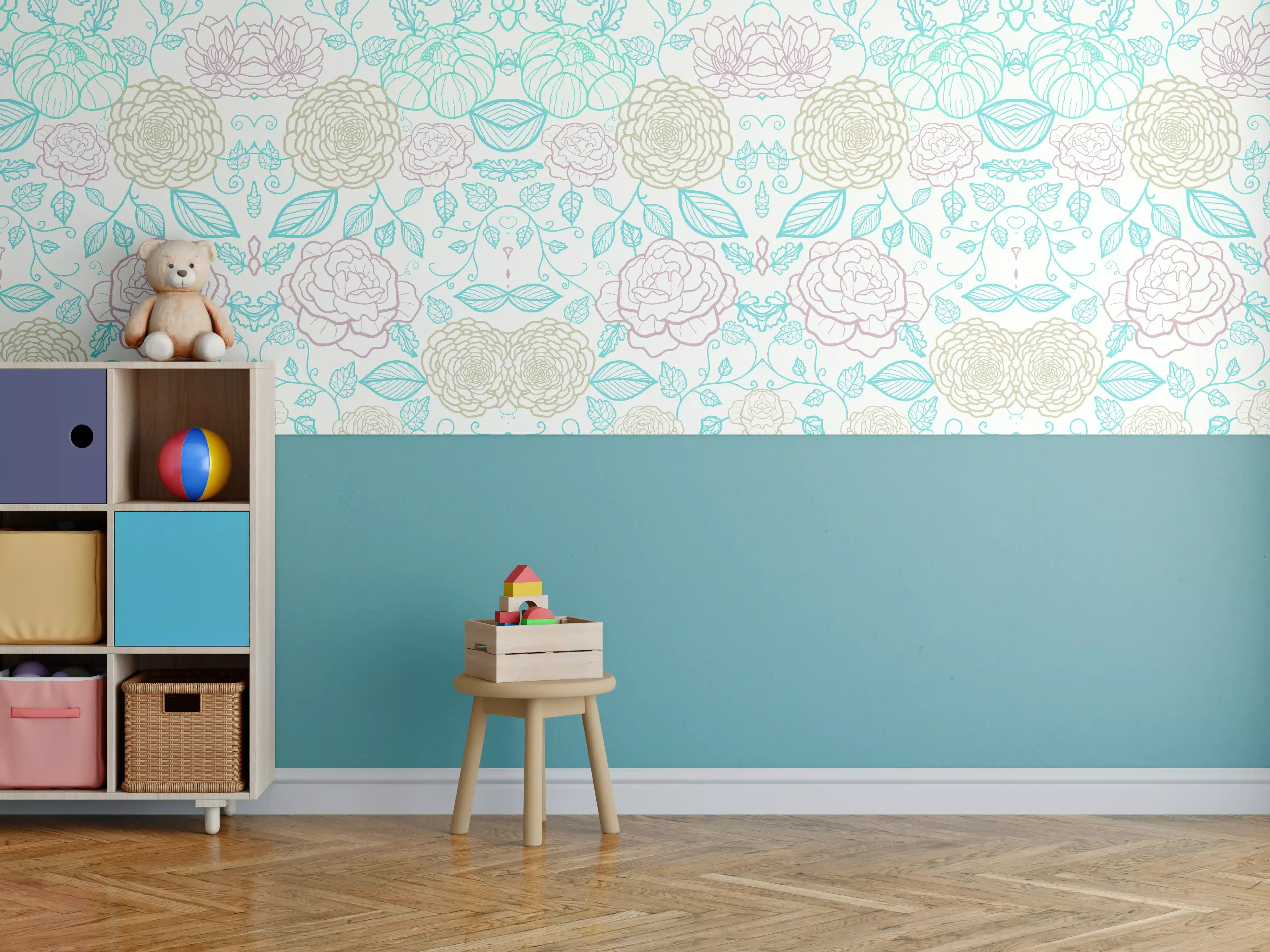 Kinderzimmer Wandgestaltung - Zarte Pastell Floral Muster