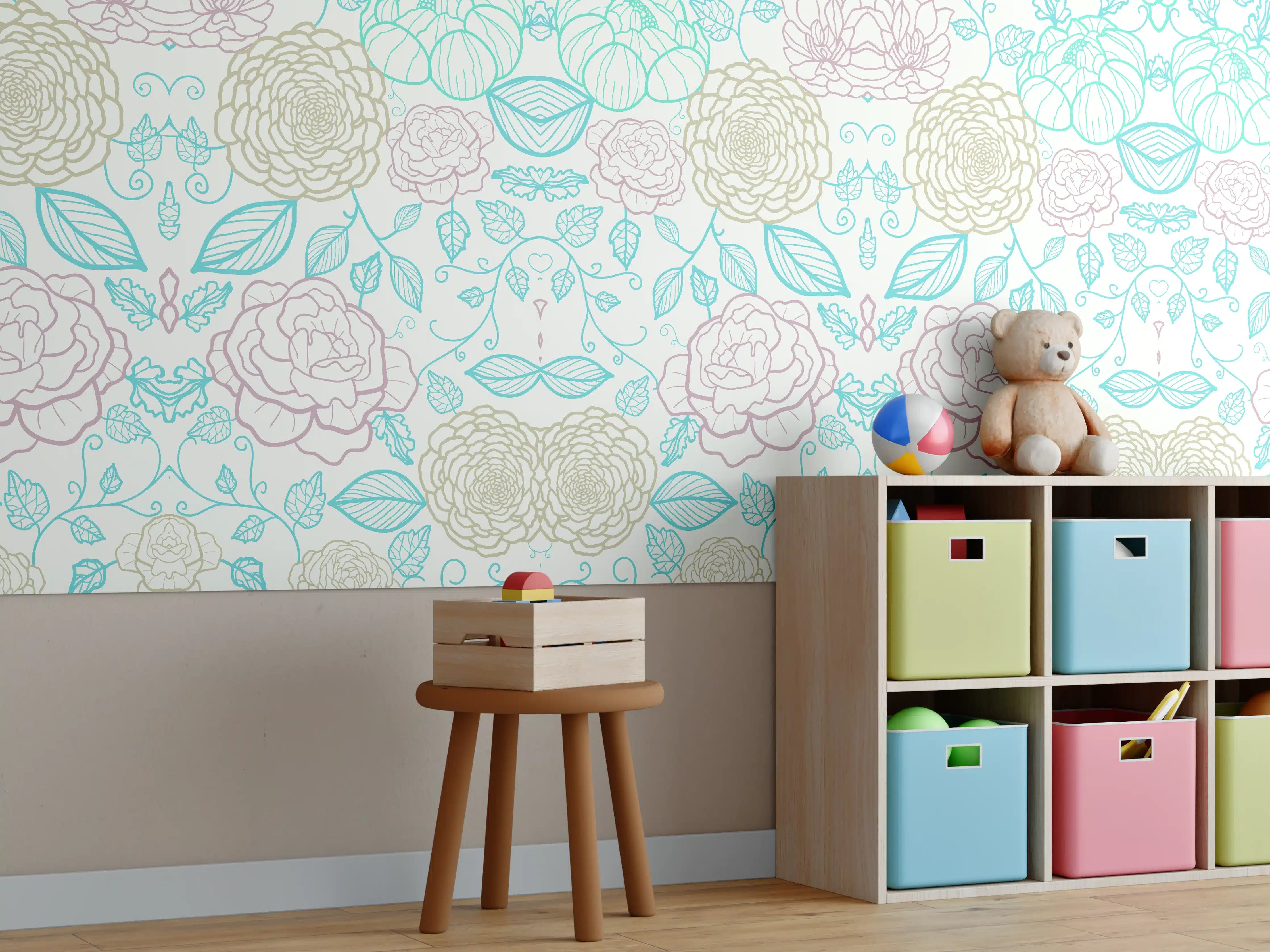 Kinderzimmer Wandgestaltung - Zarte Pastell Floral Muster