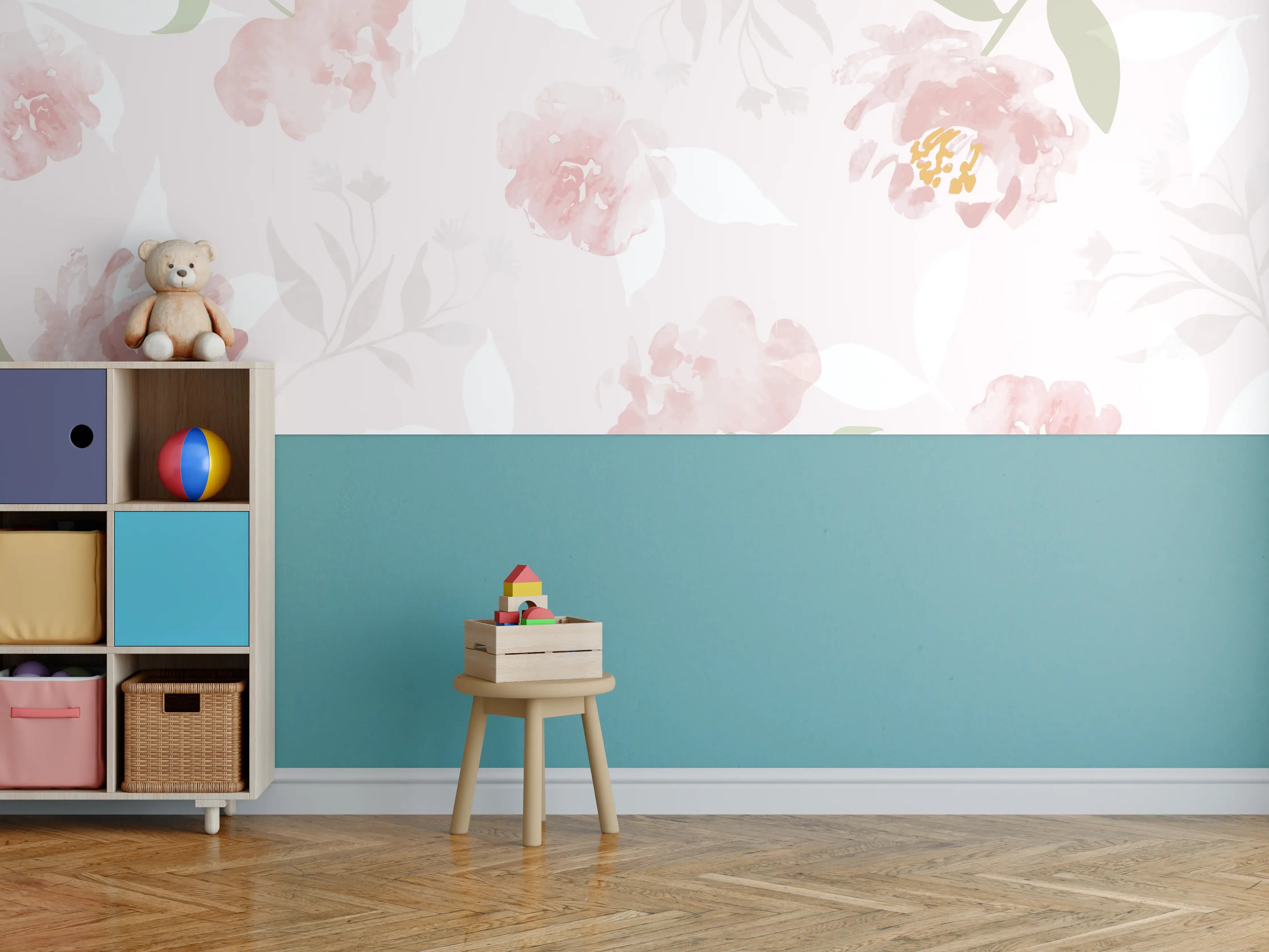 Kinderzimmer Wandgestaltung - Zarte Pastellblumen in Grau- und Weißnuancen