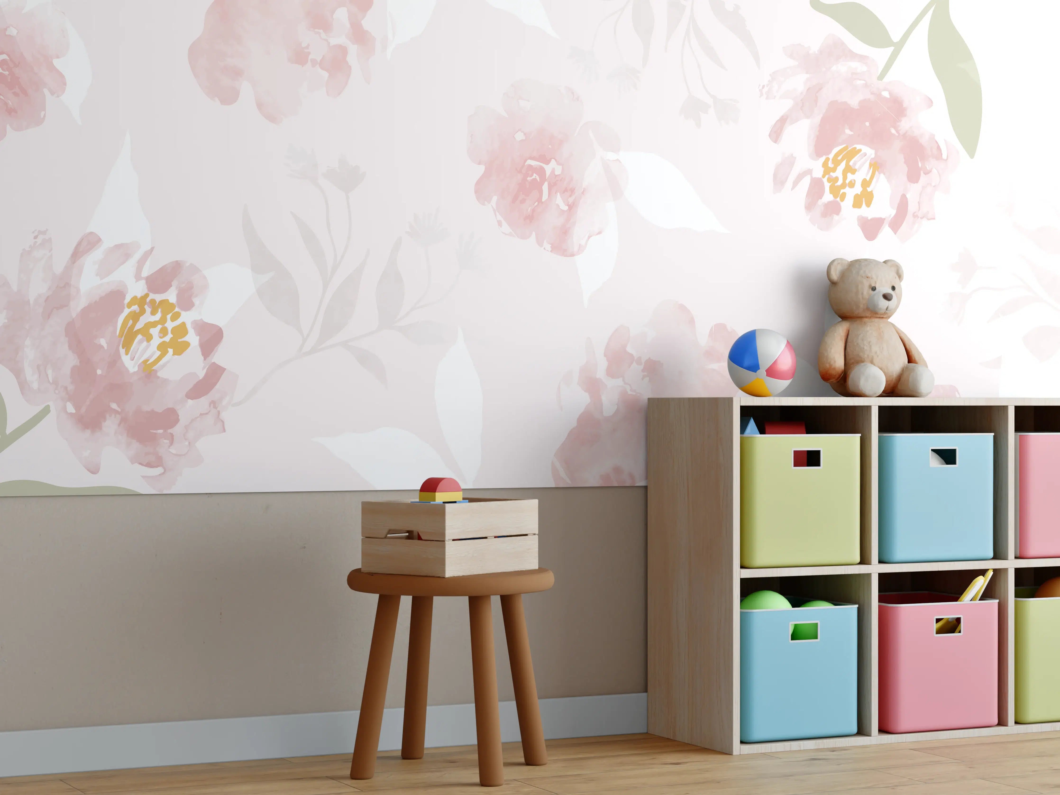 Kinderzimmer Wandgestaltung - Zarte Pastellblumen in Grau- und Weißnuancen