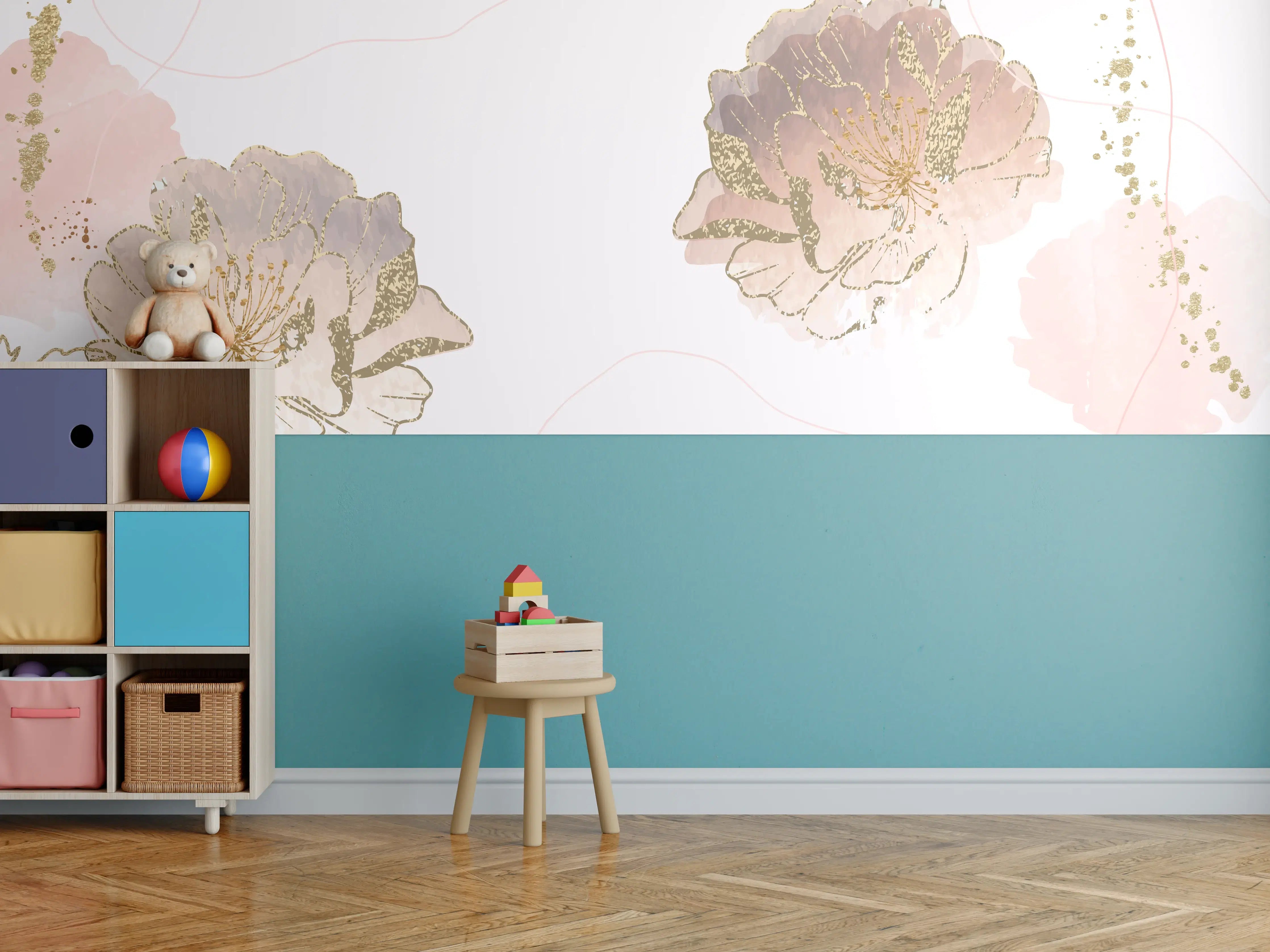 Kinderzimmer Wandgestaltung - Zarte Pastellblumen in Grautönen