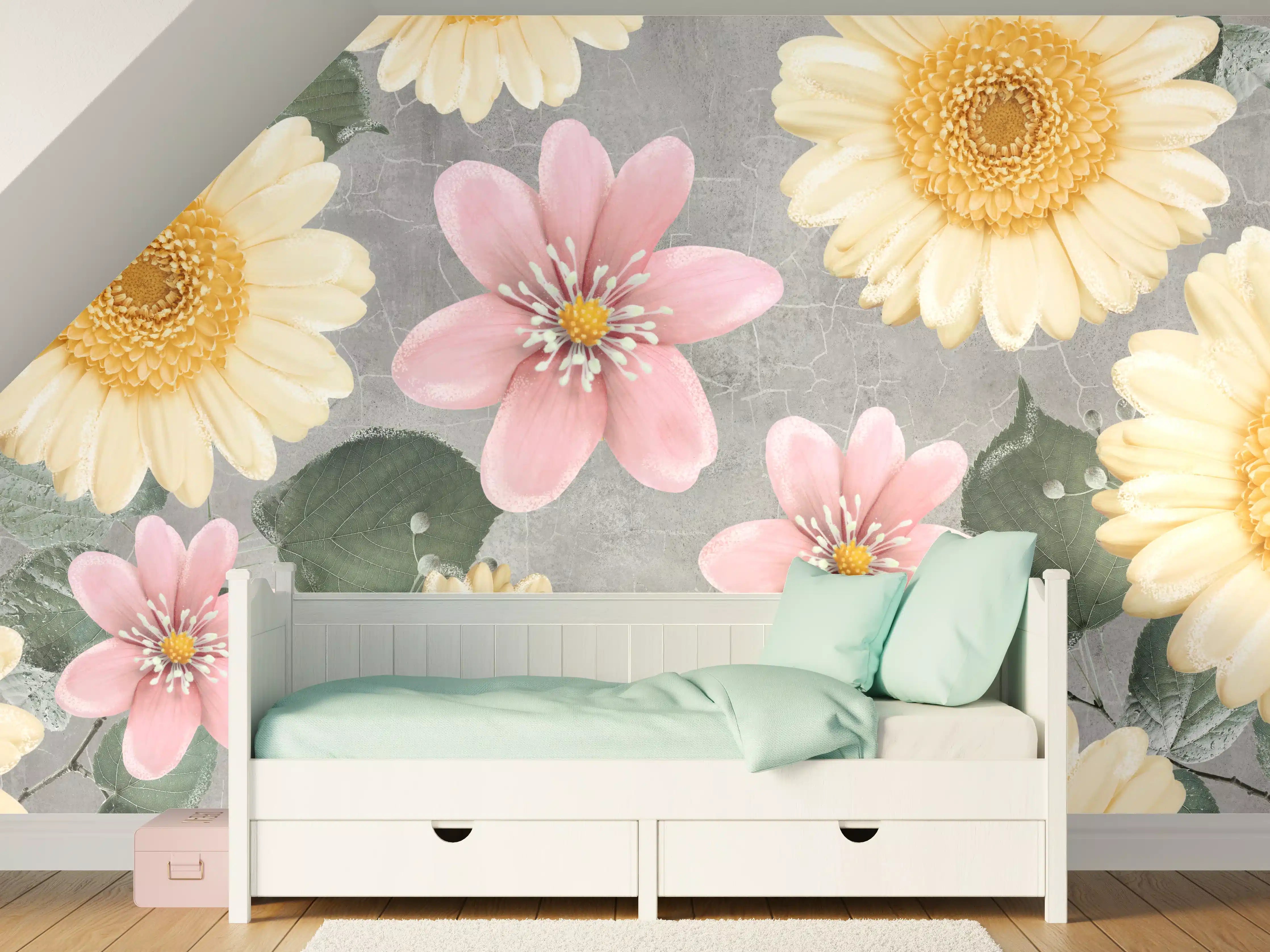 Kinderzimmer Wandgestaltung - Zarte Pastellblumen in Grauweiß