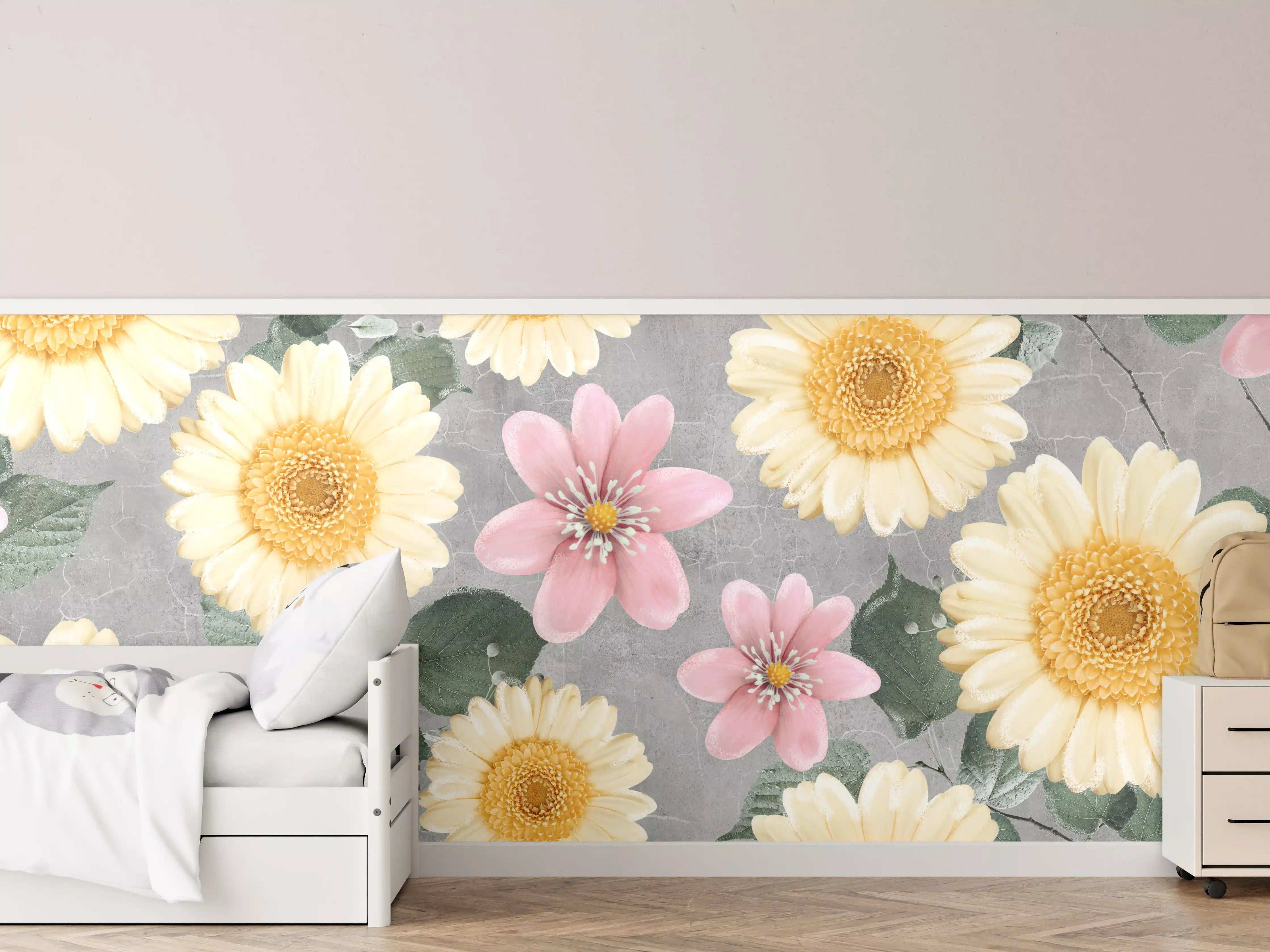 Kinderzimmer Wandgestaltung - Zarte Pastellblumen in Grauweiß