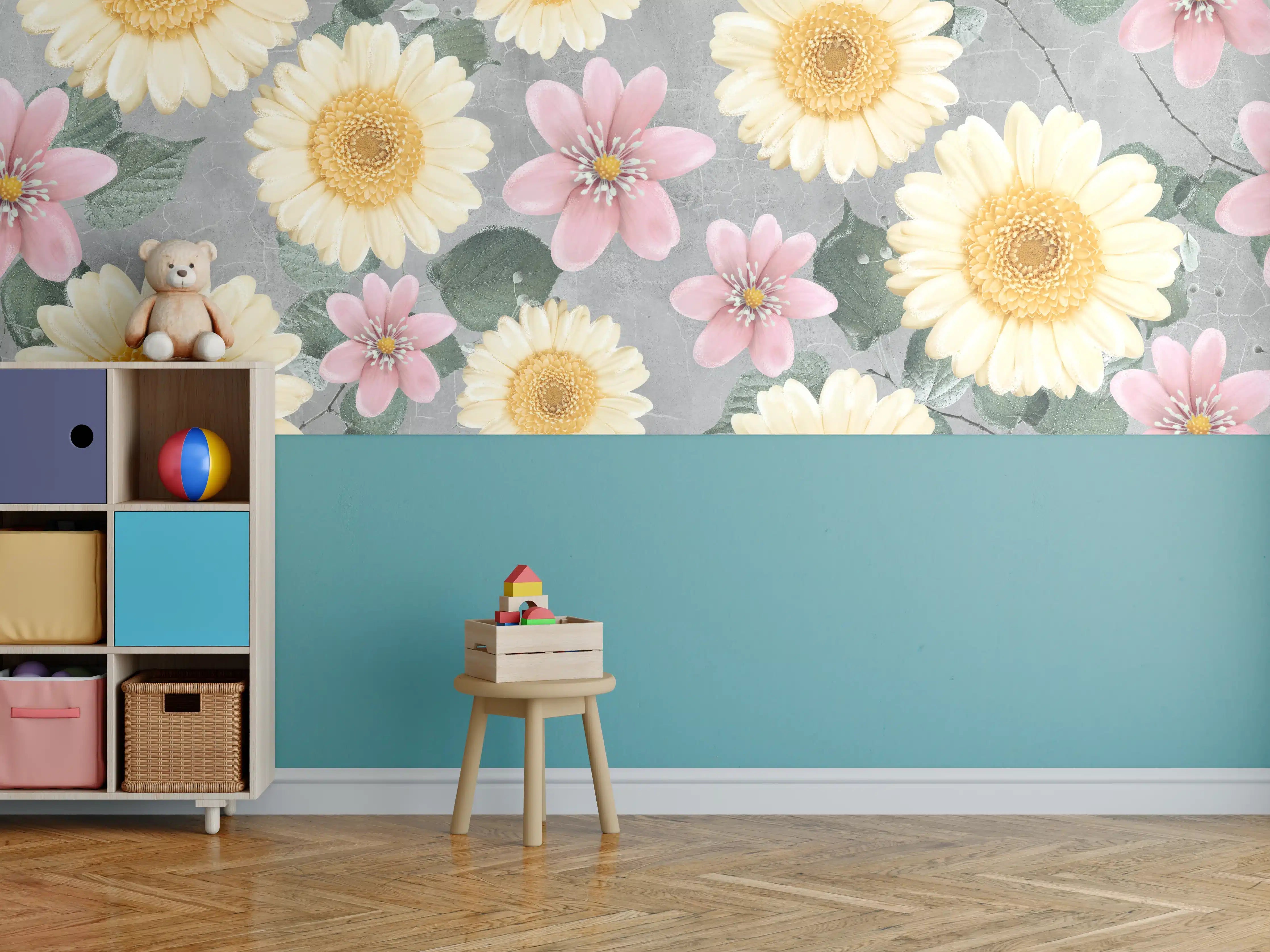 Kinderzimmer Wandgestaltung - Zarte Pastellblumen in Grauweiß